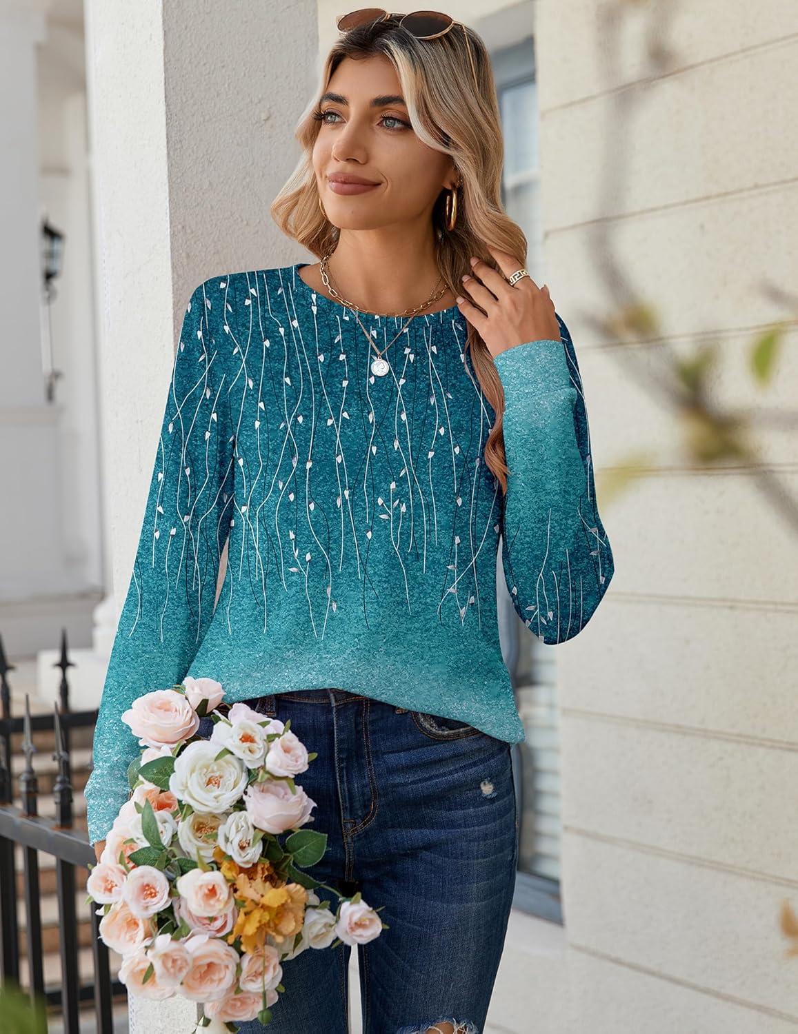 imageZeagoo Tops for Women Dressy Crewneck Long Sleeve Shirts Lightweight Basic Tee Business Casual OutfitsLeaf Green 363