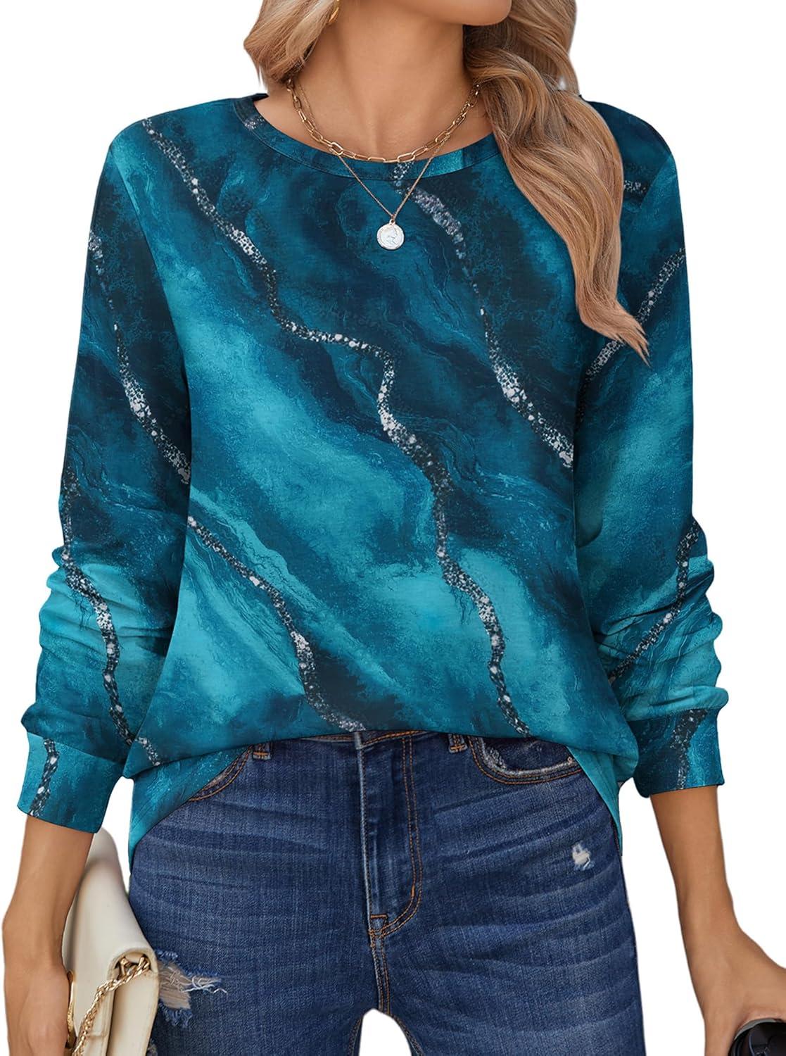 imageZeagoo Tops for Women Dressy Crewneck Long Sleeve Shirts Lightweight Basic Tee Business Casual OutfitsMarble Blue Green 287