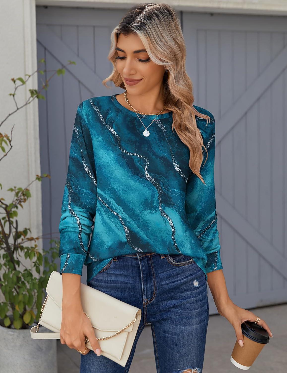 imageZeagoo Tops for Women Dressy Crewneck Long Sleeve Shirts Lightweight Basic Tee Business Casual OutfitsMarble Blue Green 287