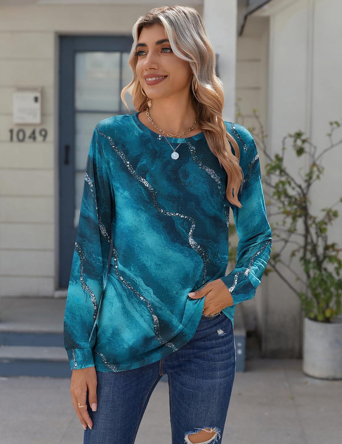 imageZeagoo Tops for Women Dressy Crewneck Long Sleeve Shirts Lightweight Basic Tee Business Casual OutfitsMarble Blue Green 287