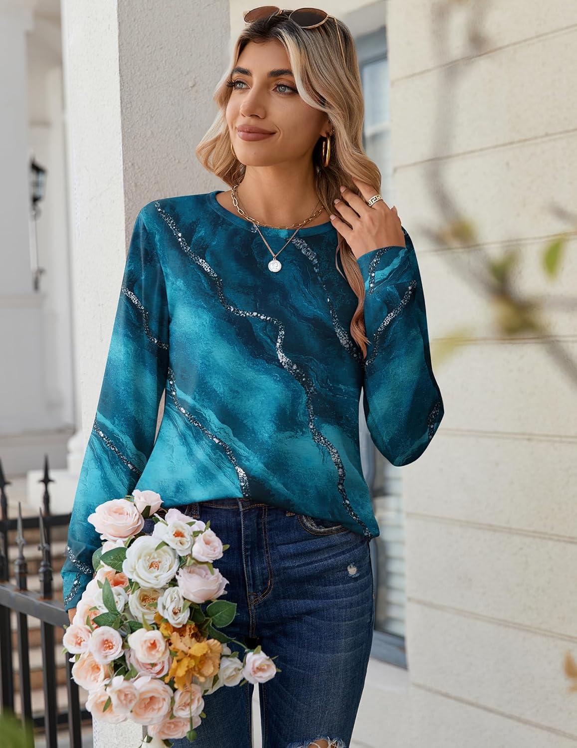 imageZeagoo Tops for Women Dressy Crewneck Long Sleeve Shirts Lightweight Basic Tee Business Casual OutfitsMarble Blue Green 287