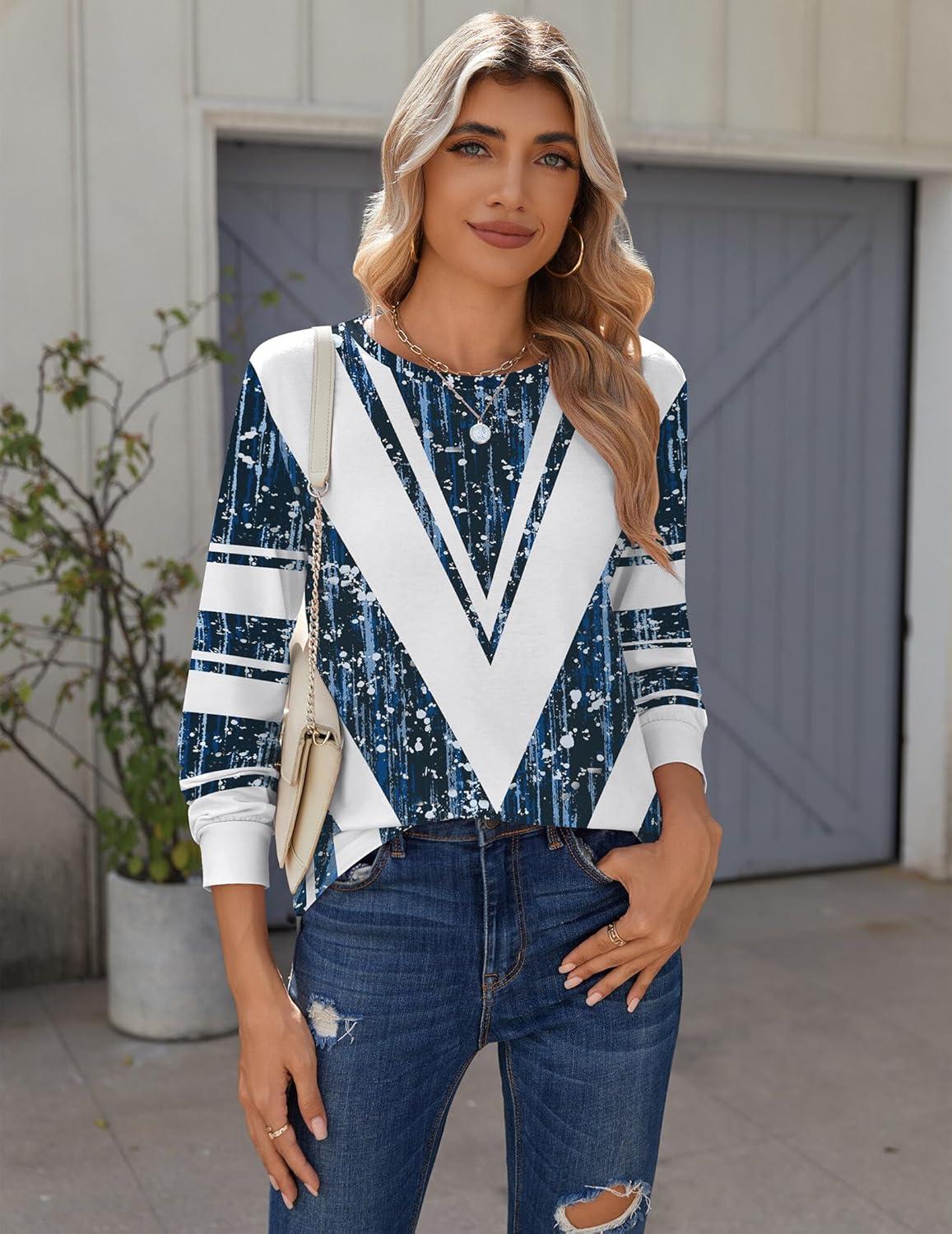 imageZeagoo Tops for Women Dressy Crewneck Long Sleeve Shirts Lightweight Basic Tee Business Casual OutfitsPattern Blue 563