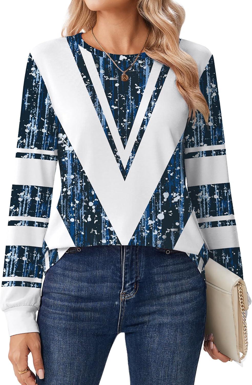 imageZeagoo Tops for Women Dressy Crewneck Long Sleeve Shirts Lightweight Basic Tee Business Casual OutfitsPattern Blue 563