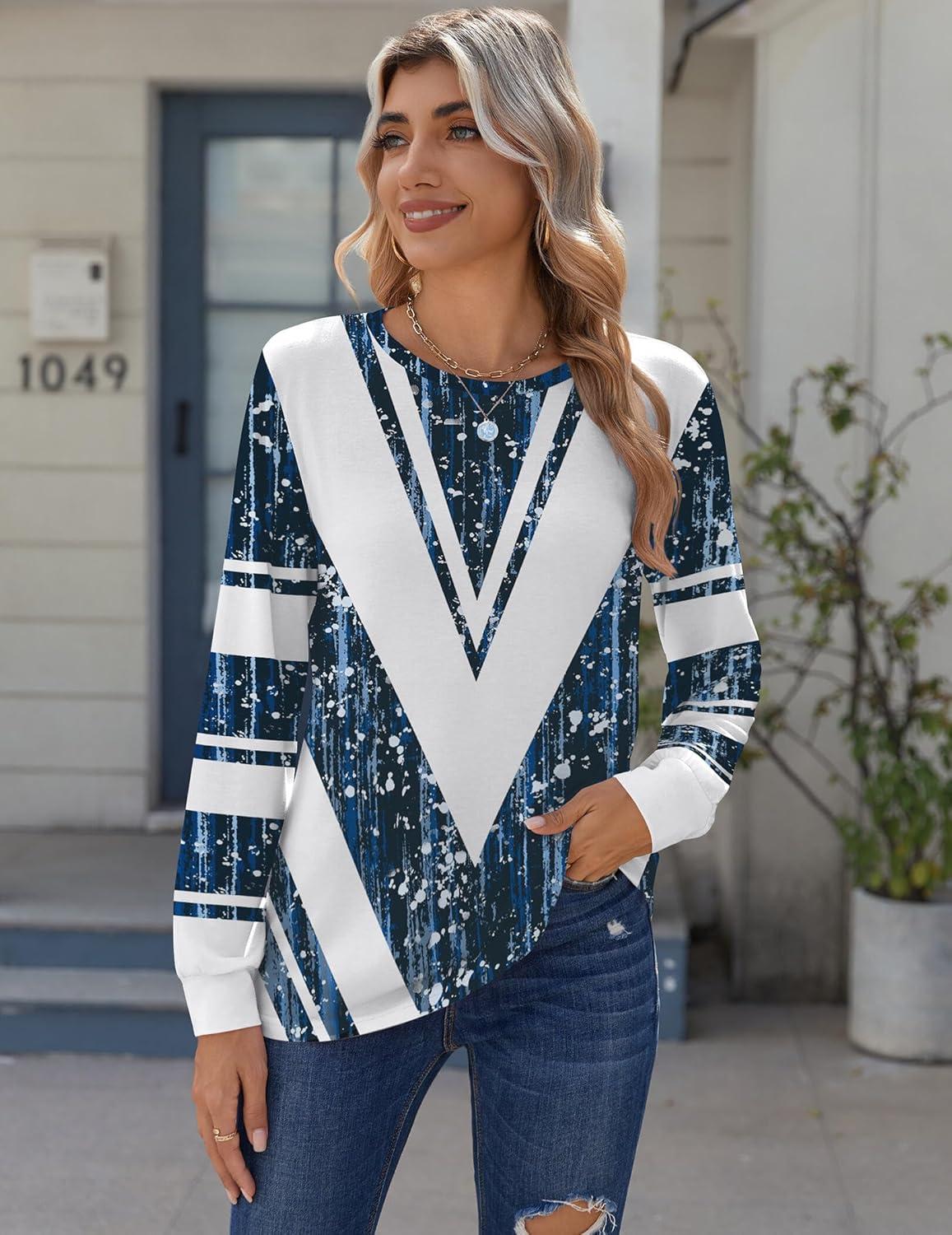 imageZeagoo Tops for Women Dressy Crewneck Long Sleeve Shirts Lightweight Basic Tee Business Casual OutfitsPattern Blue 563