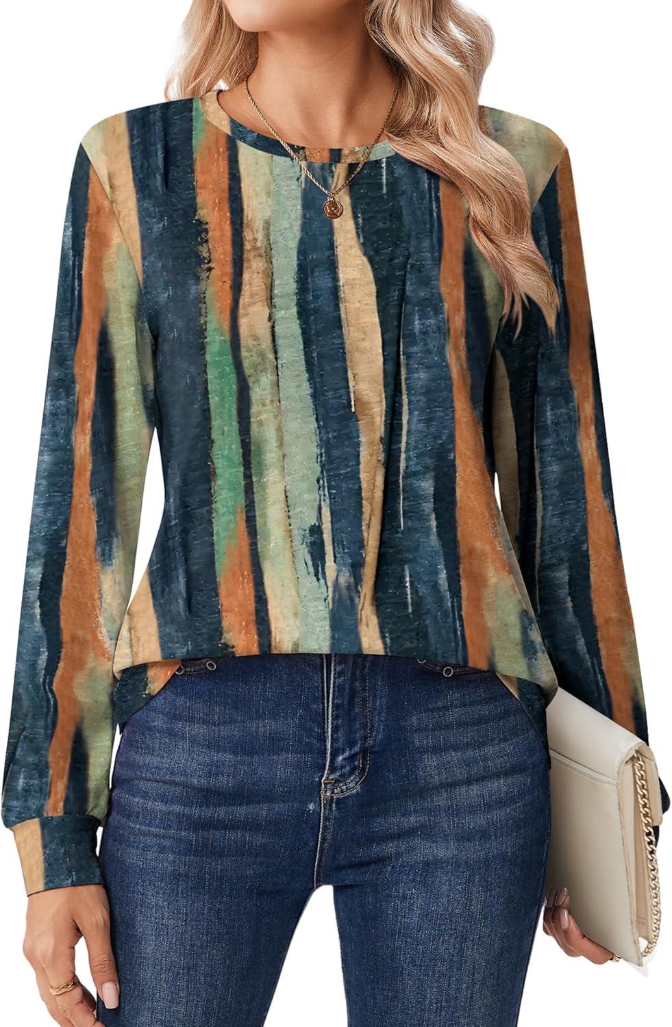 imageZeagoo Tops for Women Dressy Crewneck Long Sleeve Shirts Lightweight Basic Tee Business Casual OutfitsStriped Tiedye 289