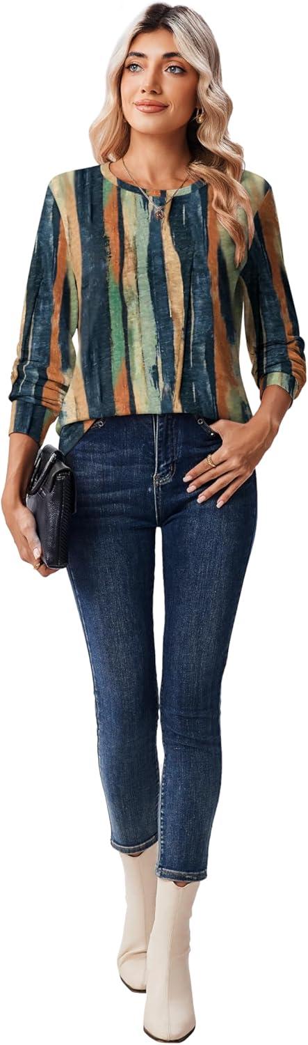 imageZeagoo Tops for Women Dressy Crewneck Long Sleeve Shirts Lightweight Basic Tee Business Casual OutfitsStriped Tiedye 289