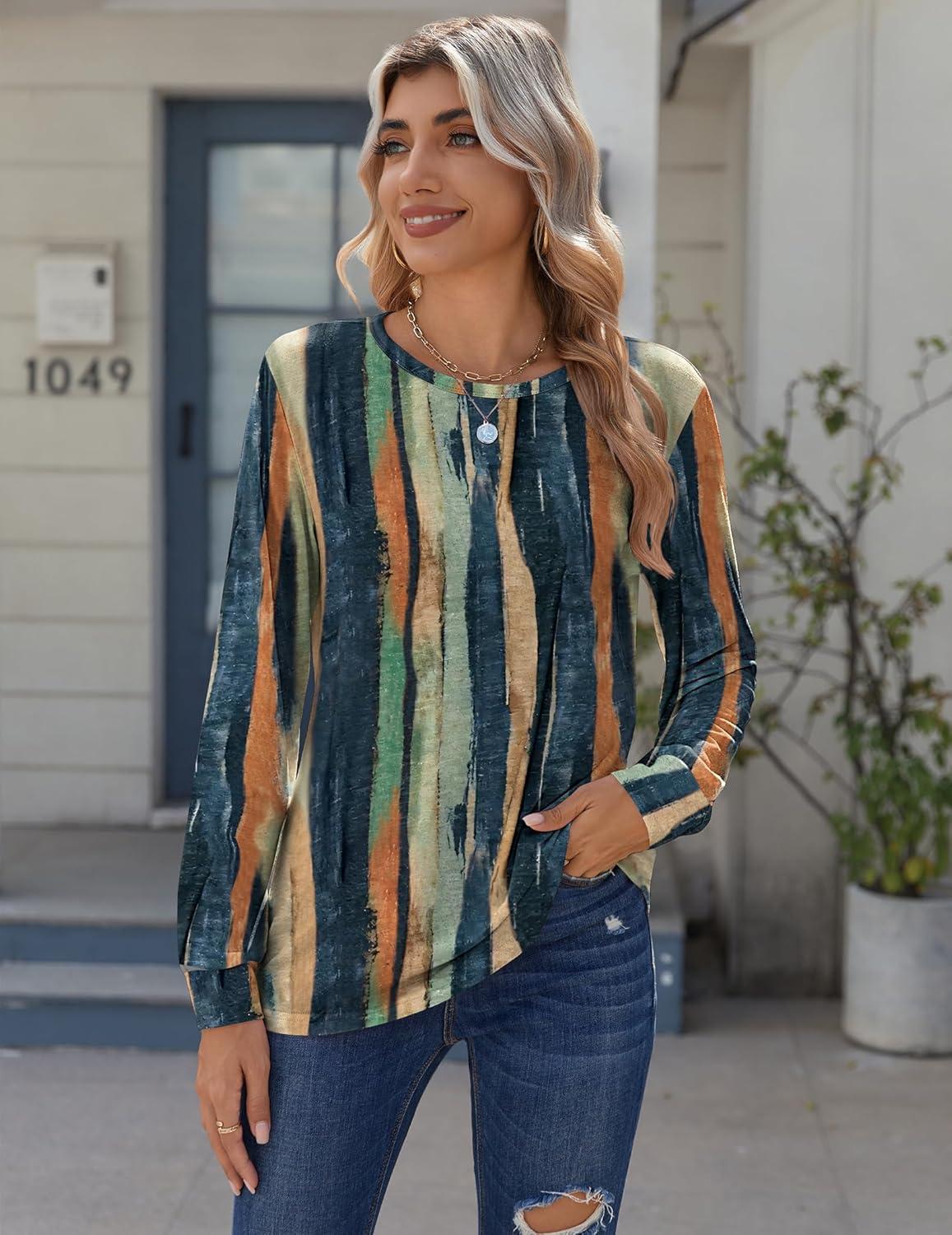 imageZeagoo Tops for Women Dressy Crewneck Long Sleeve Shirts Lightweight Basic Tee Business Casual OutfitsStriped Tiedye 289