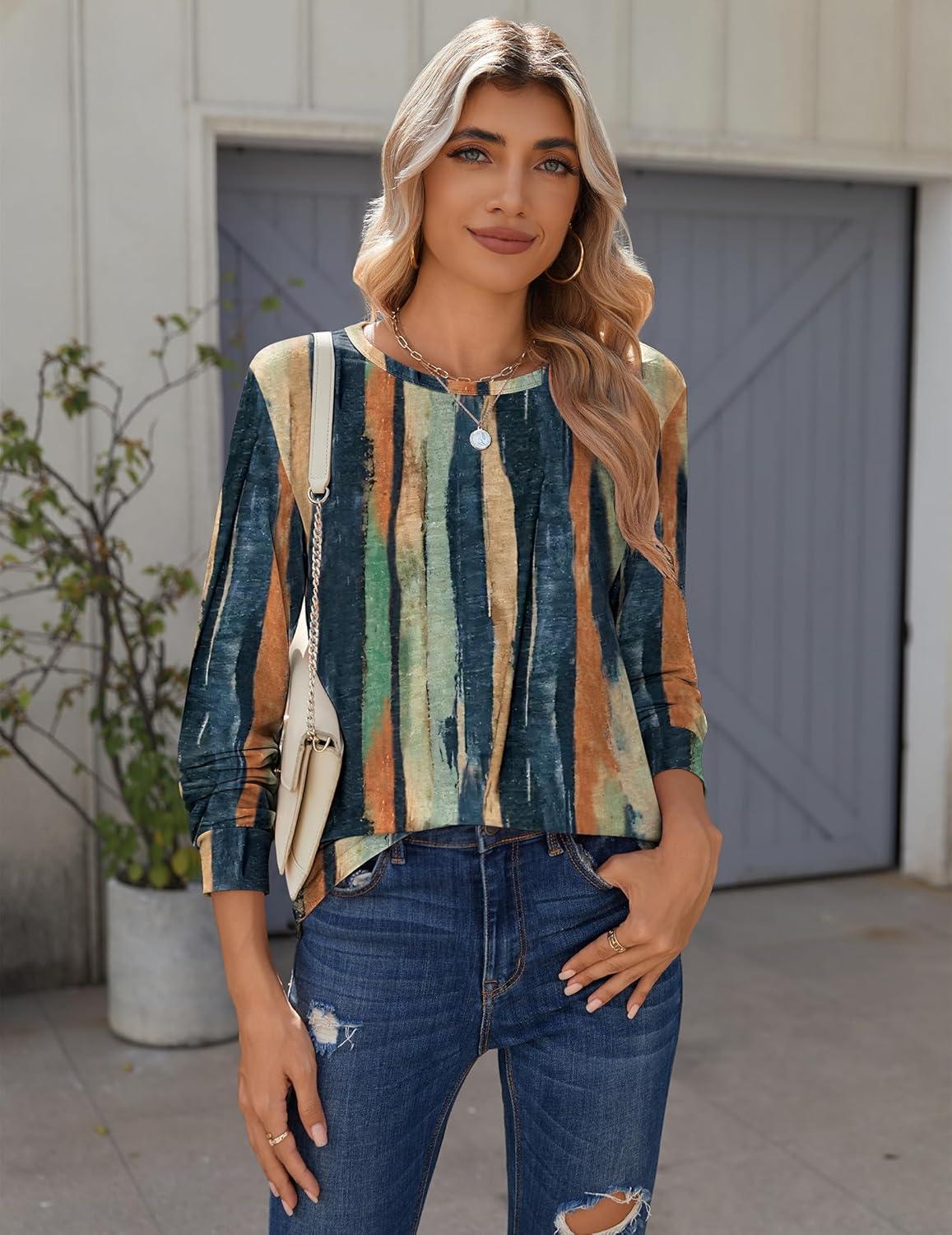 imageZeagoo Tops for Women Dressy Crewneck Long Sleeve Shirts Lightweight Basic Tee Business Casual OutfitsStriped Tiedye 289