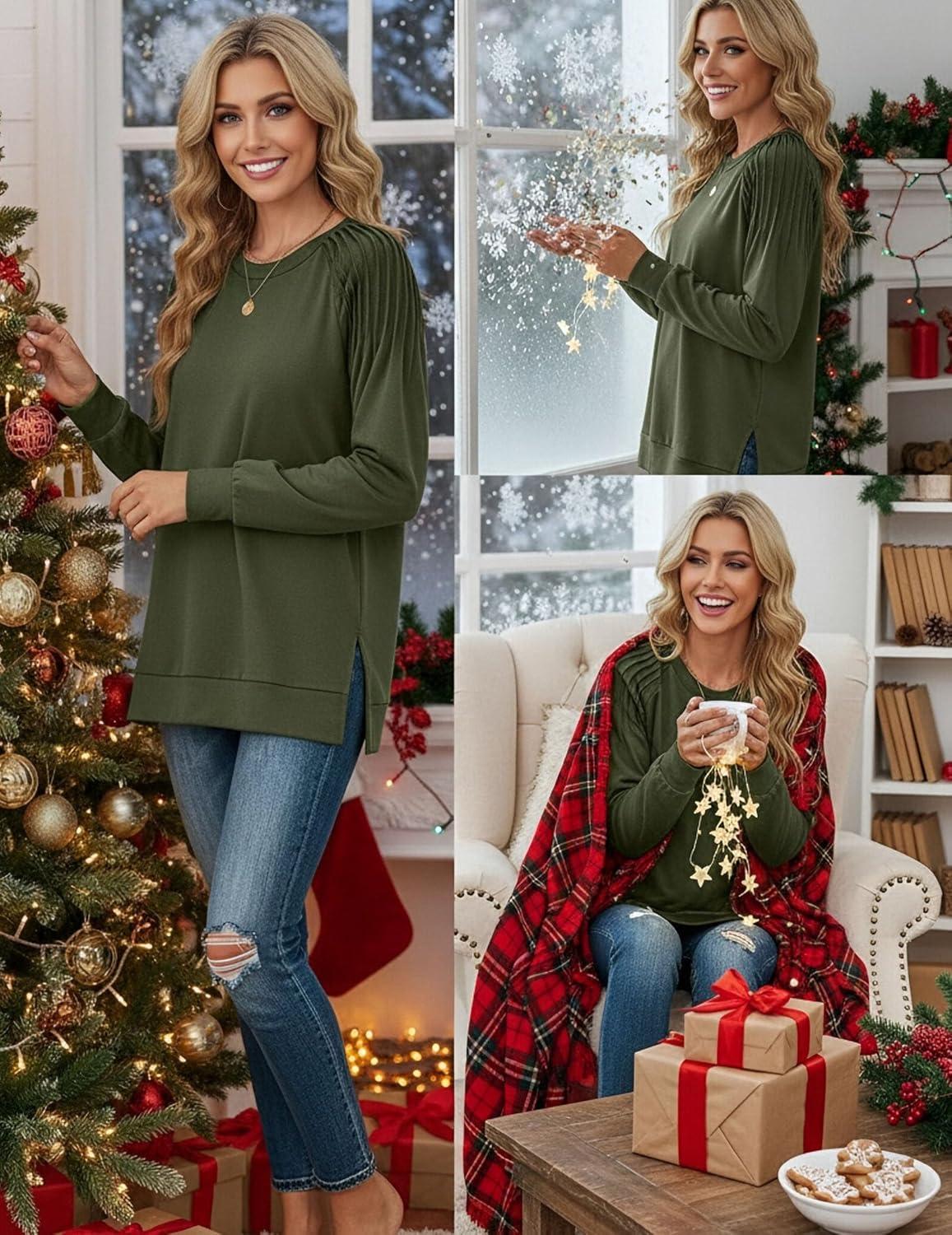 imageZeagoo Tunic Sweatshirts for Women Crewneck Lightweight Sweaters Raglan Long Sleeve Shirts Spring Fashion Tops 2026Army Green