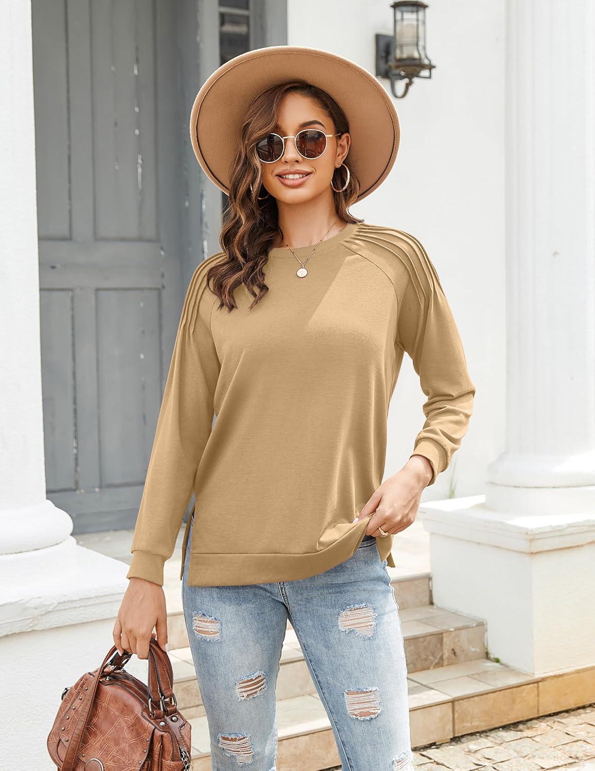 imageZeagoo Tunic Sweatshirts for Women Crewneck Lightweight Sweaters Raglan Long Sleeve Shirts Spring Fashion Tops 2026Khaki