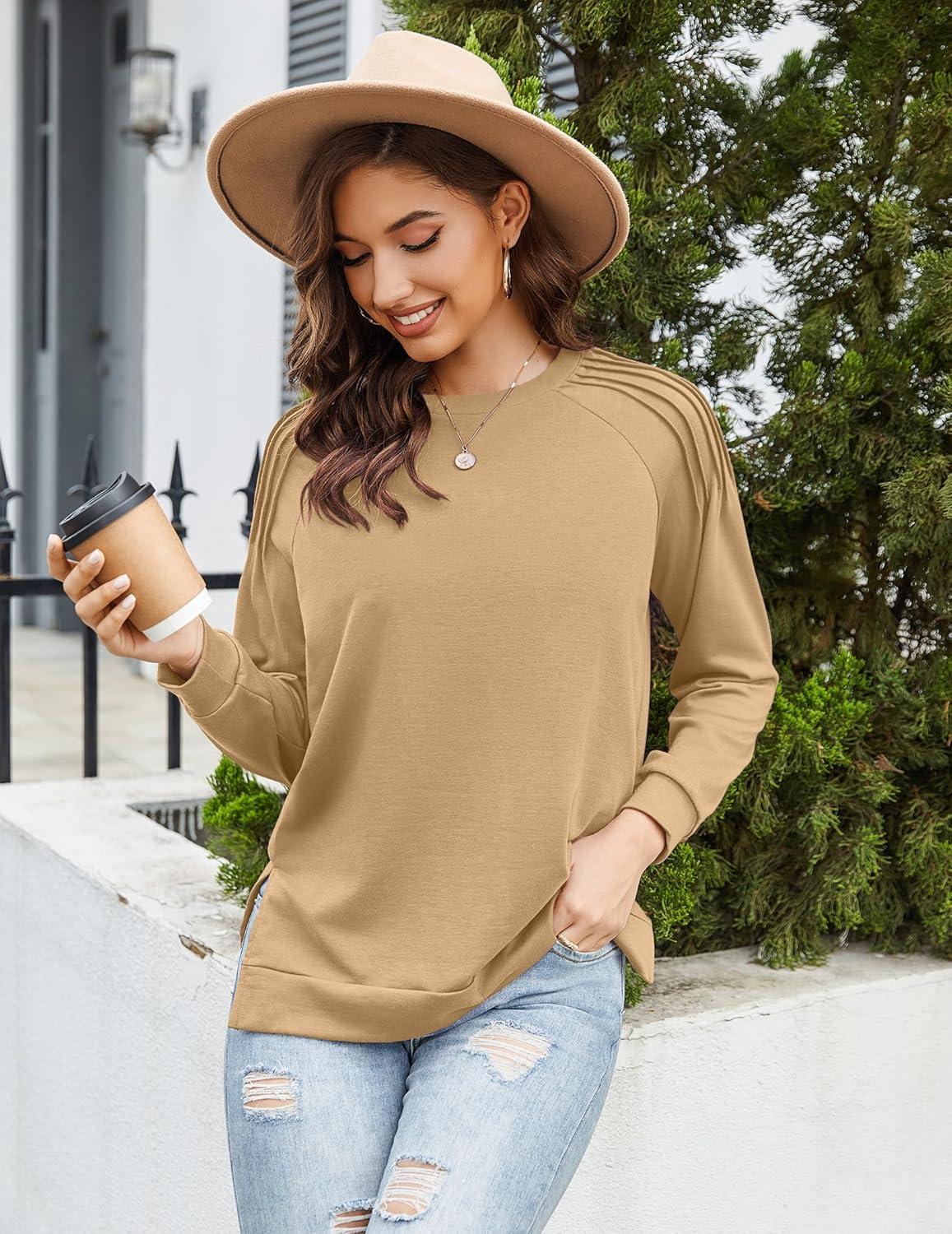 imageZeagoo Tunic Sweatshirts for Women Crewneck Lightweight Sweaters Raglan Long Sleeve Shirts Spring Fashion Tops 2026Khaki