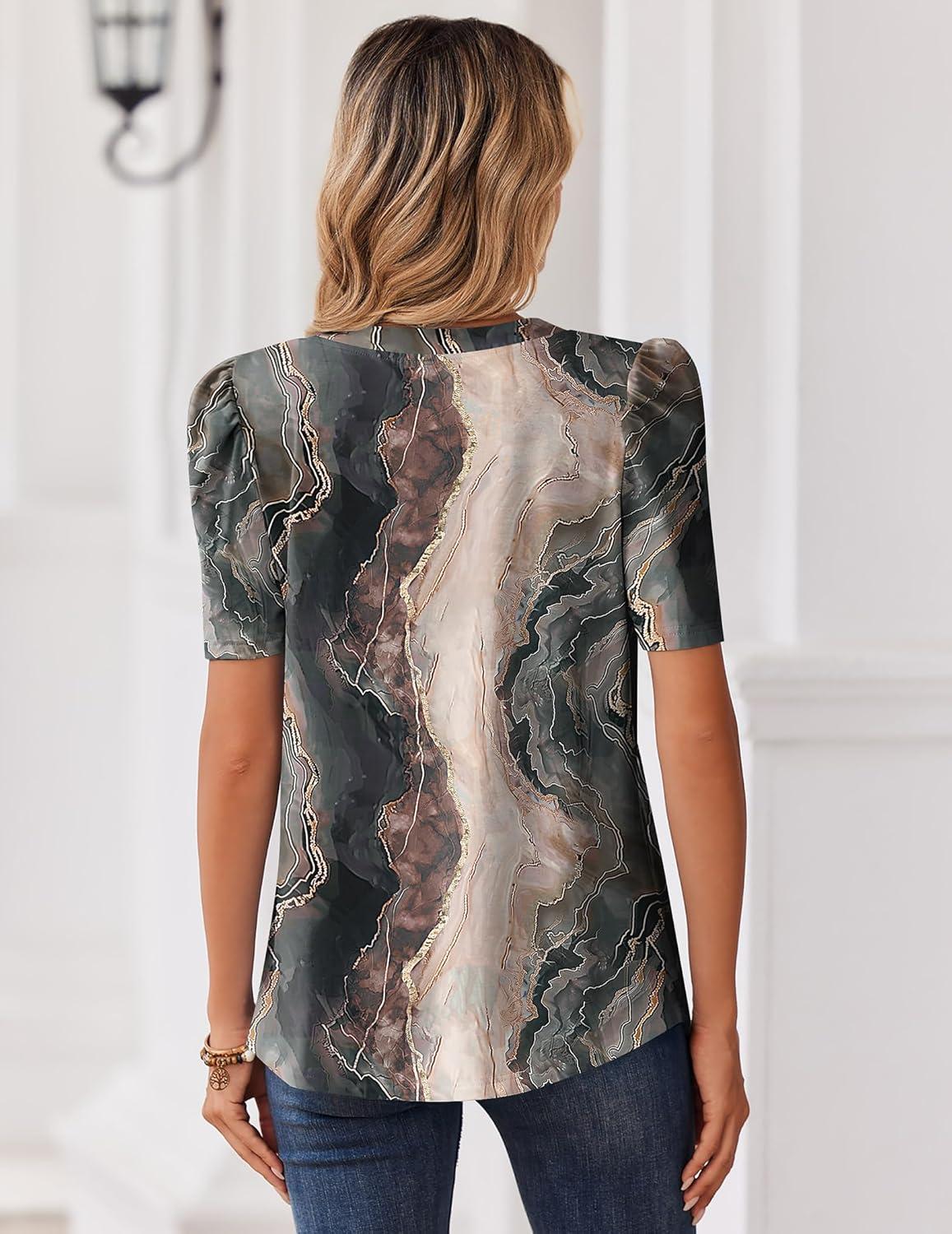imageZeagoo Women Blouses Puff Short Sleeve Tops V Neck Dressy Casual Spring Shirts Boho Floral Cute Clothes 2026Cx278multicolored
