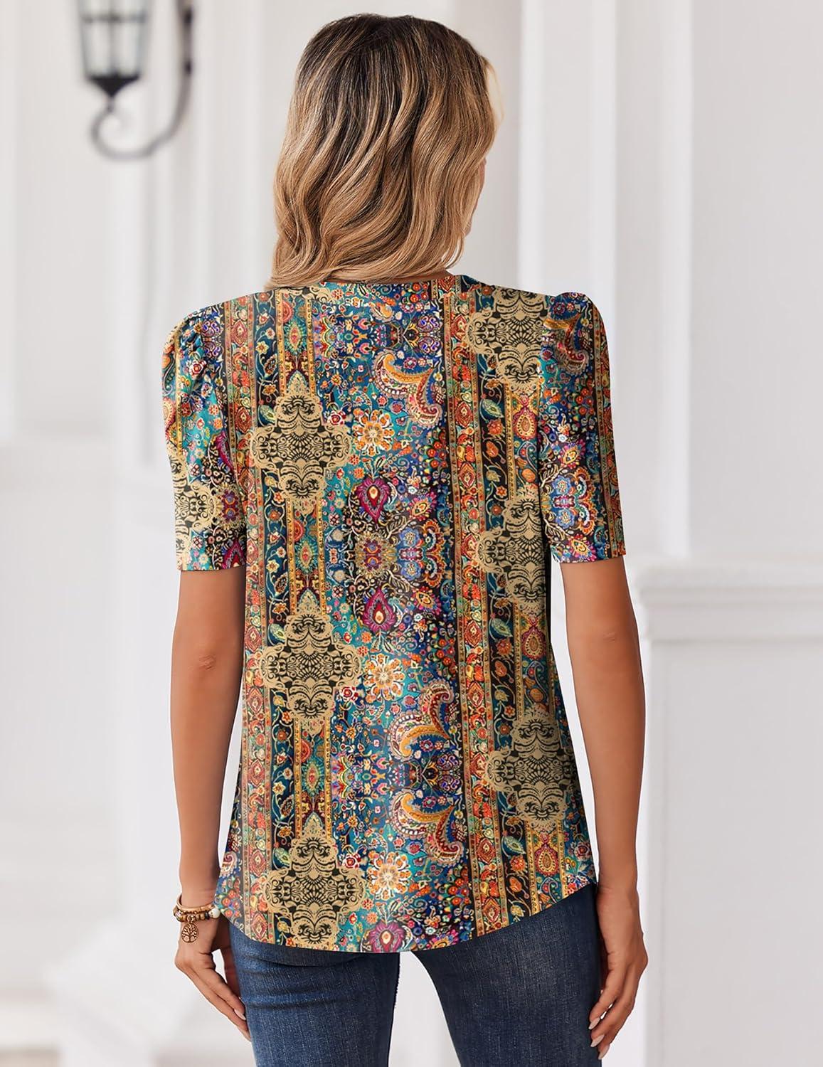 imageZeagoo Women Blouses Puff Short Sleeve Tops V Neck Dressy Casual Spring Shirts Boho Floral Cute Clothes 2026Mz721multicolored