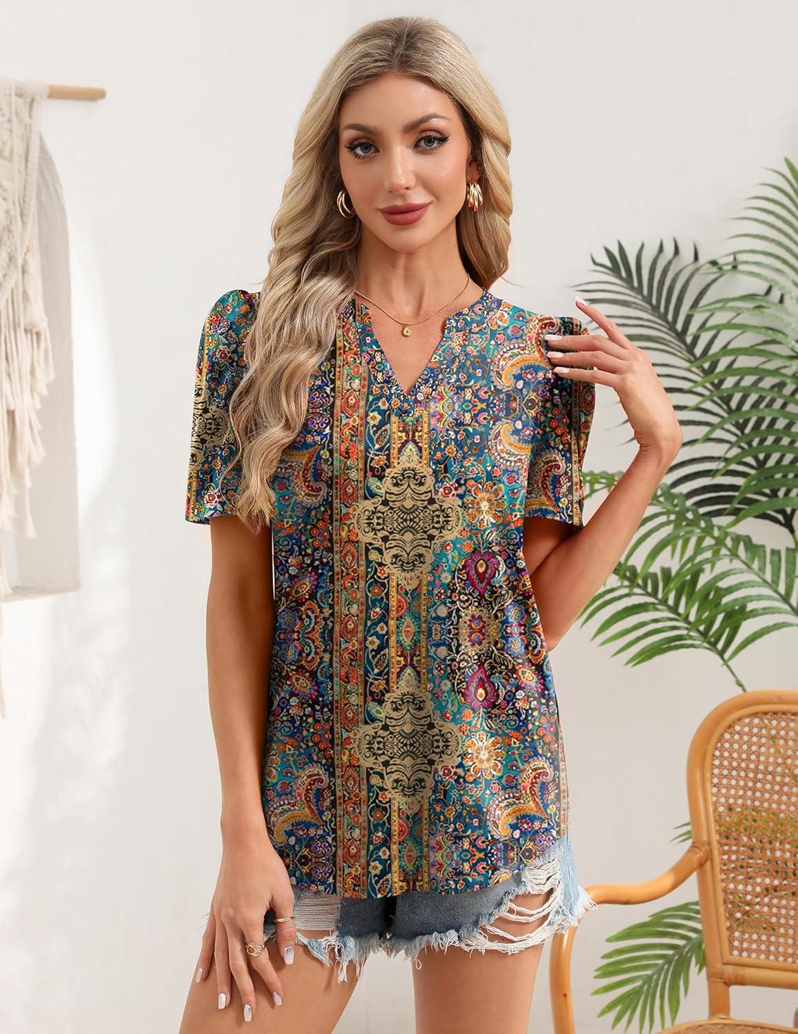 imageZeagoo Women Blouses Puff Short Sleeve Tops V Neck Dressy Casual Spring Shirts Boho Floral Cute Clothes 2026Mz721multicolored