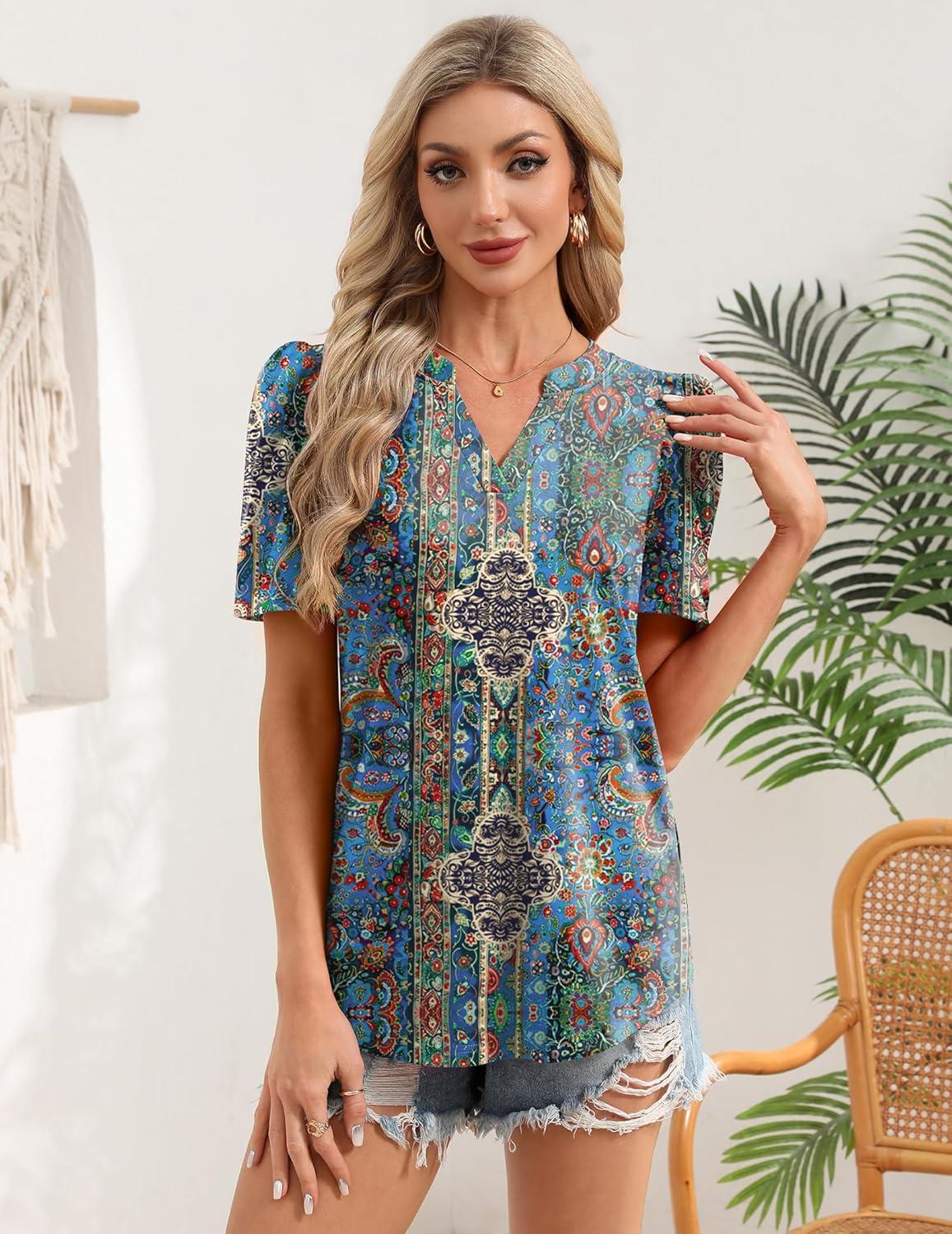 imageZeagoo Women Blouses Puff Short Sleeve Tops V Neck Dressy Casual Spring Shirts Boho Floral Cute Clothes 2026Mz779multicolored