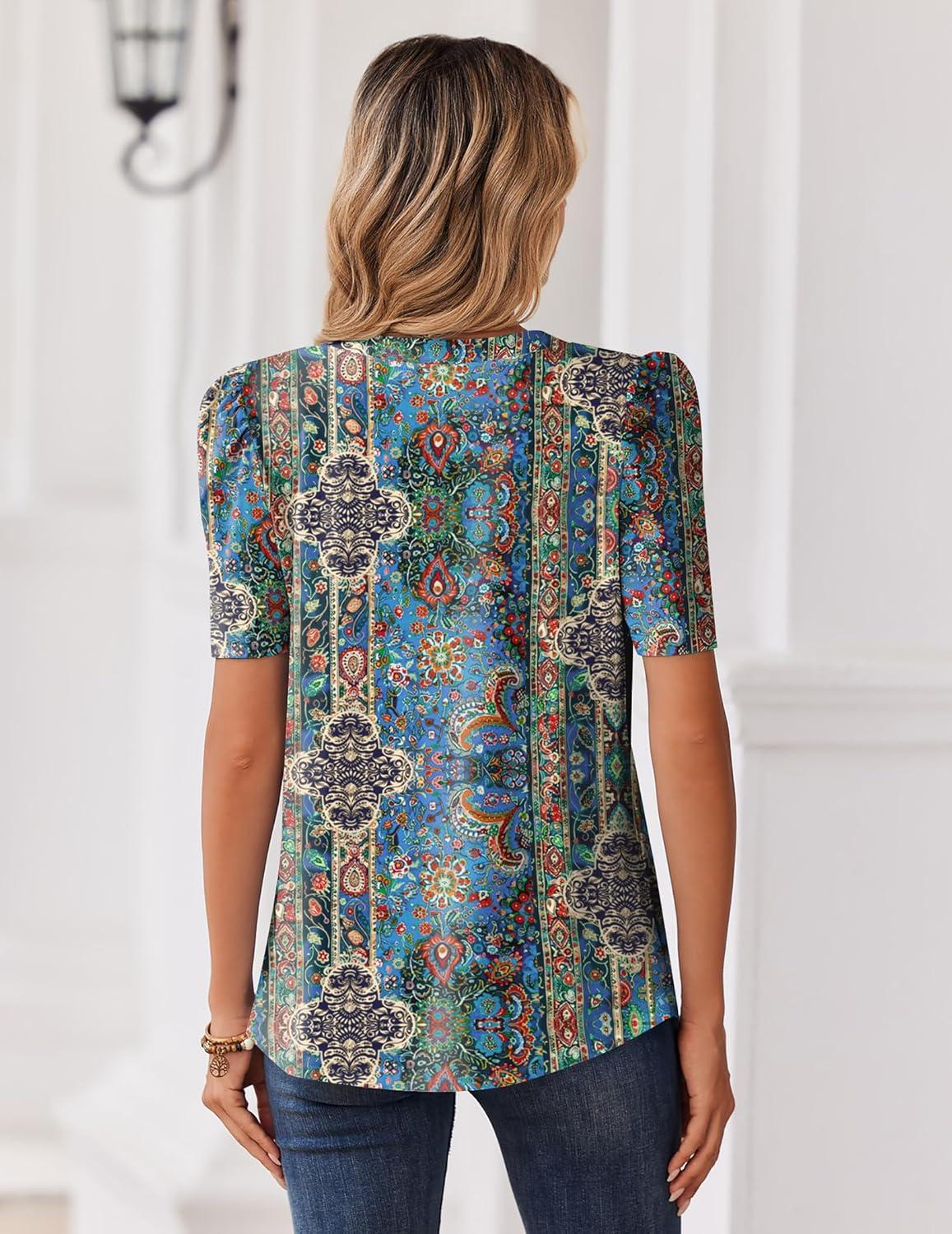 imageZeagoo Women Blouses Puff Short Sleeve Tops V Neck Dressy Casual Spring Shirts Boho Floral Cute Clothes 2026Mz779multicolored