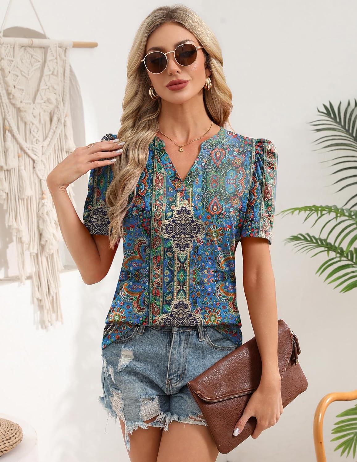 imageZeagoo Women Blouses Puff Short Sleeve Tops V Neck Dressy Casual Spring Shirts Boho Floral Cute Clothes 2026Mz779multicolored