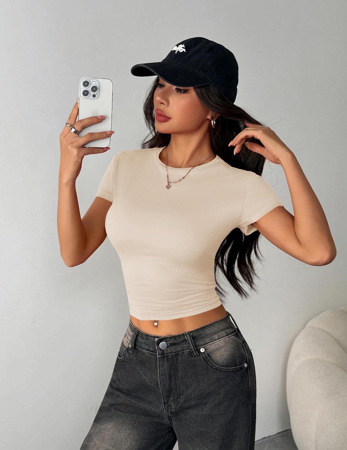 imageZeagoo Women Crewneck Slim Fitted Short Sleeve T Shirts Cute Stretchy Bodycon Basic Tee TopsShort Sleeve Apricot
