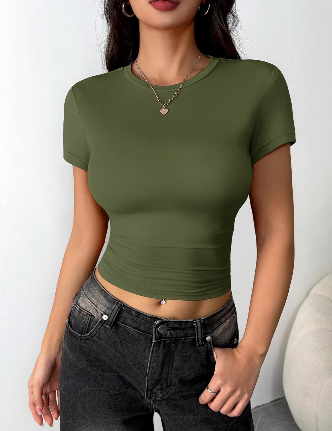 imageZeagoo Women Crewneck Slim Fitted Short Sleeve T Shirts Cute Stretchy Bodycon Basic Tee TopsShort Sleeve Army Green