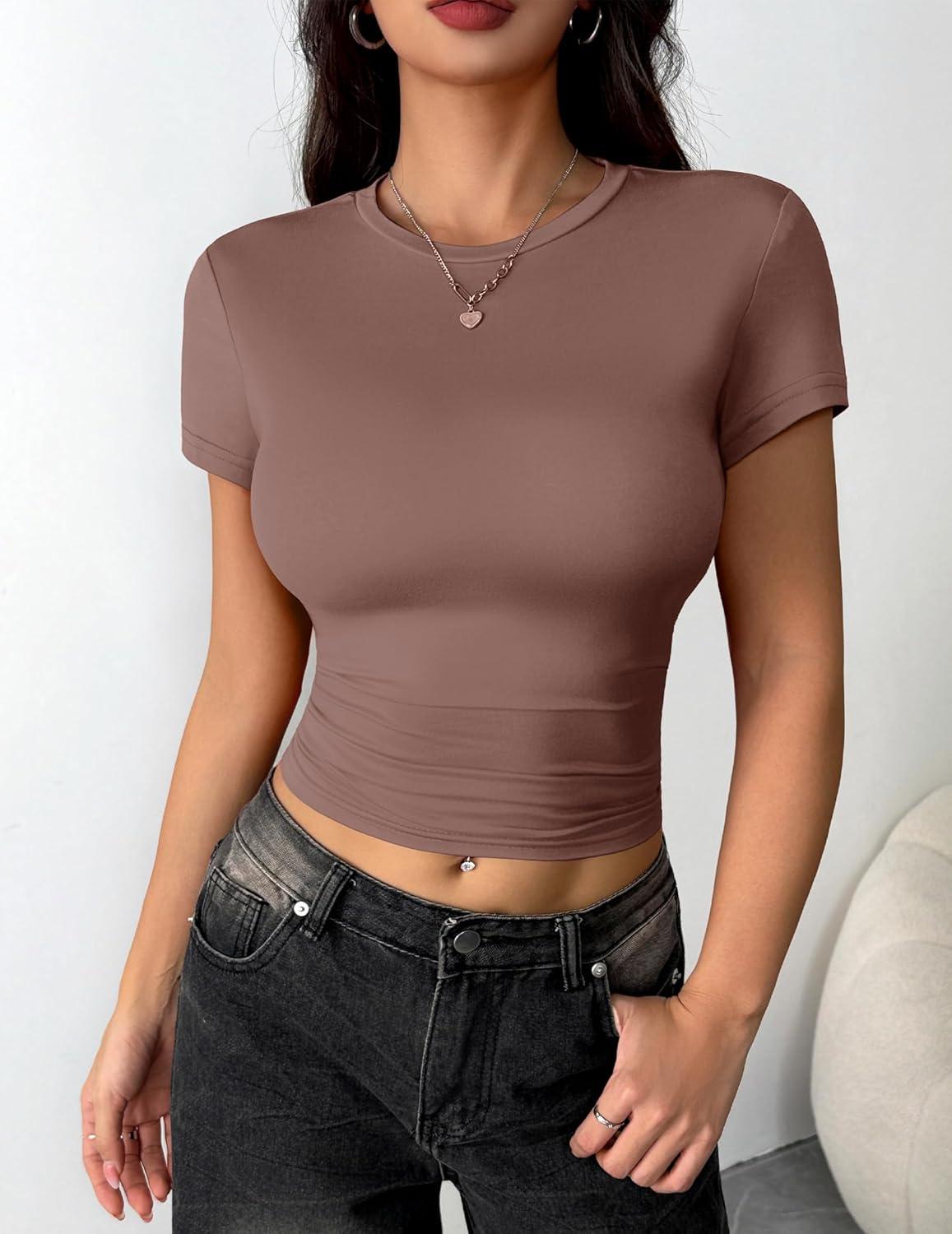 imageZeagoo Women Crewneck Slim Fitted Short Sleeve T Shirts Cute Stretchy Bodycon Basic Tee TopsShort Sleeve Brown