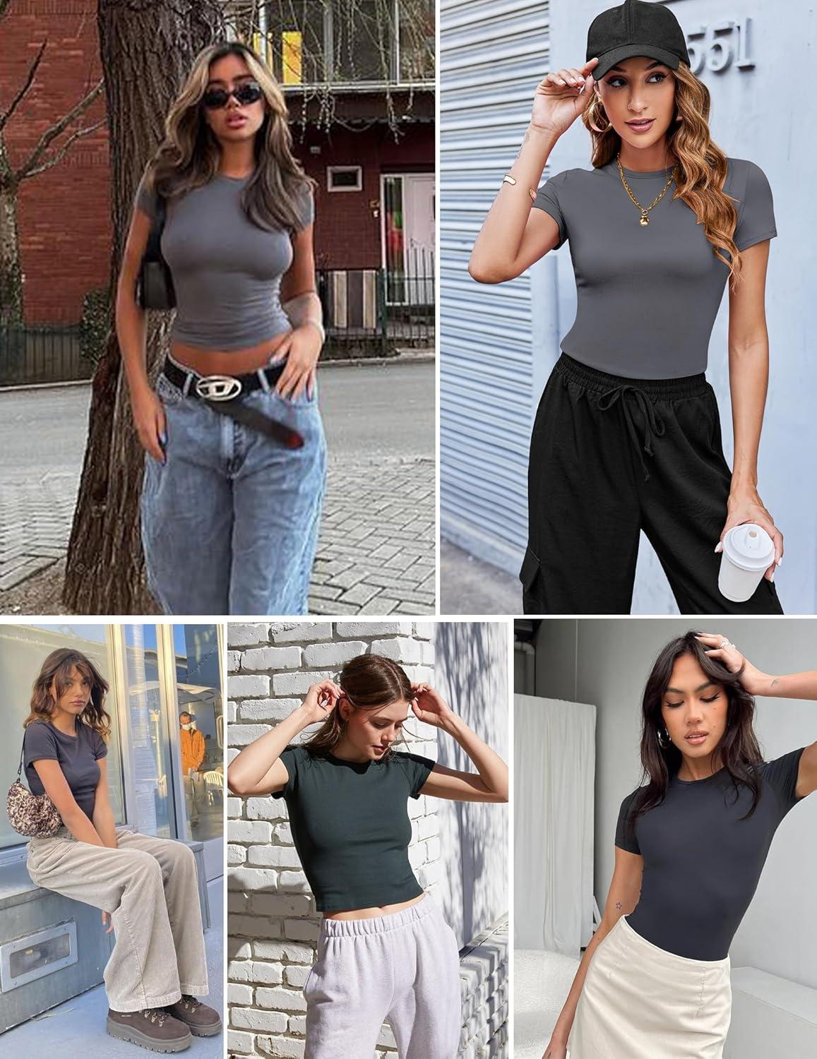 imageZeagoo Women Crewneck Slim Fitted Short Sleeve T Shirts Cute Stretchy Bodycon Basic Tee TopsShort Sleeve Dark Grey