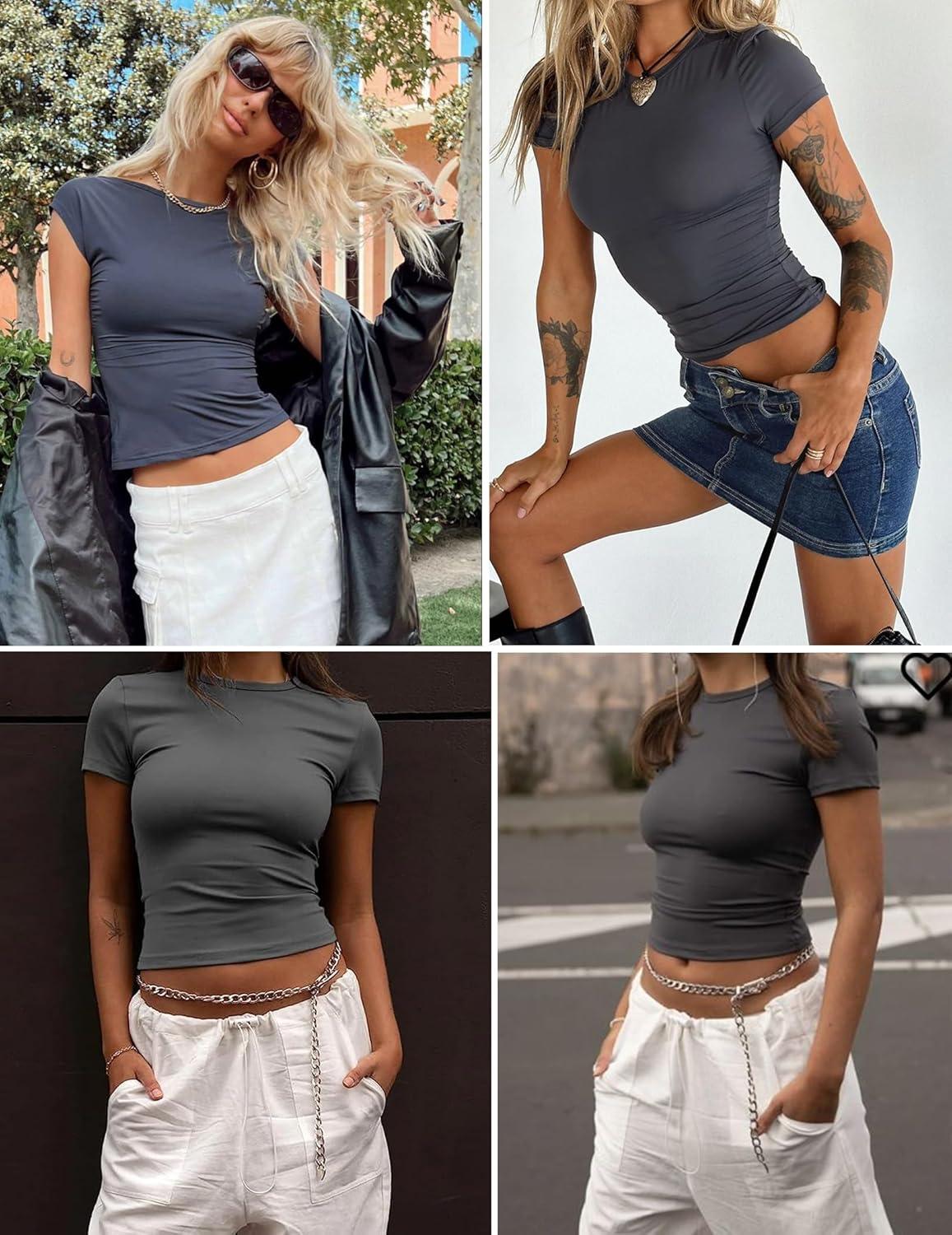 imageZeagoo Women Crewneck Slim Fitted Short Sleeve T Shirts Cute Stretchy Bodycon Basic Tee TopsShort Sleeve Dark Grey