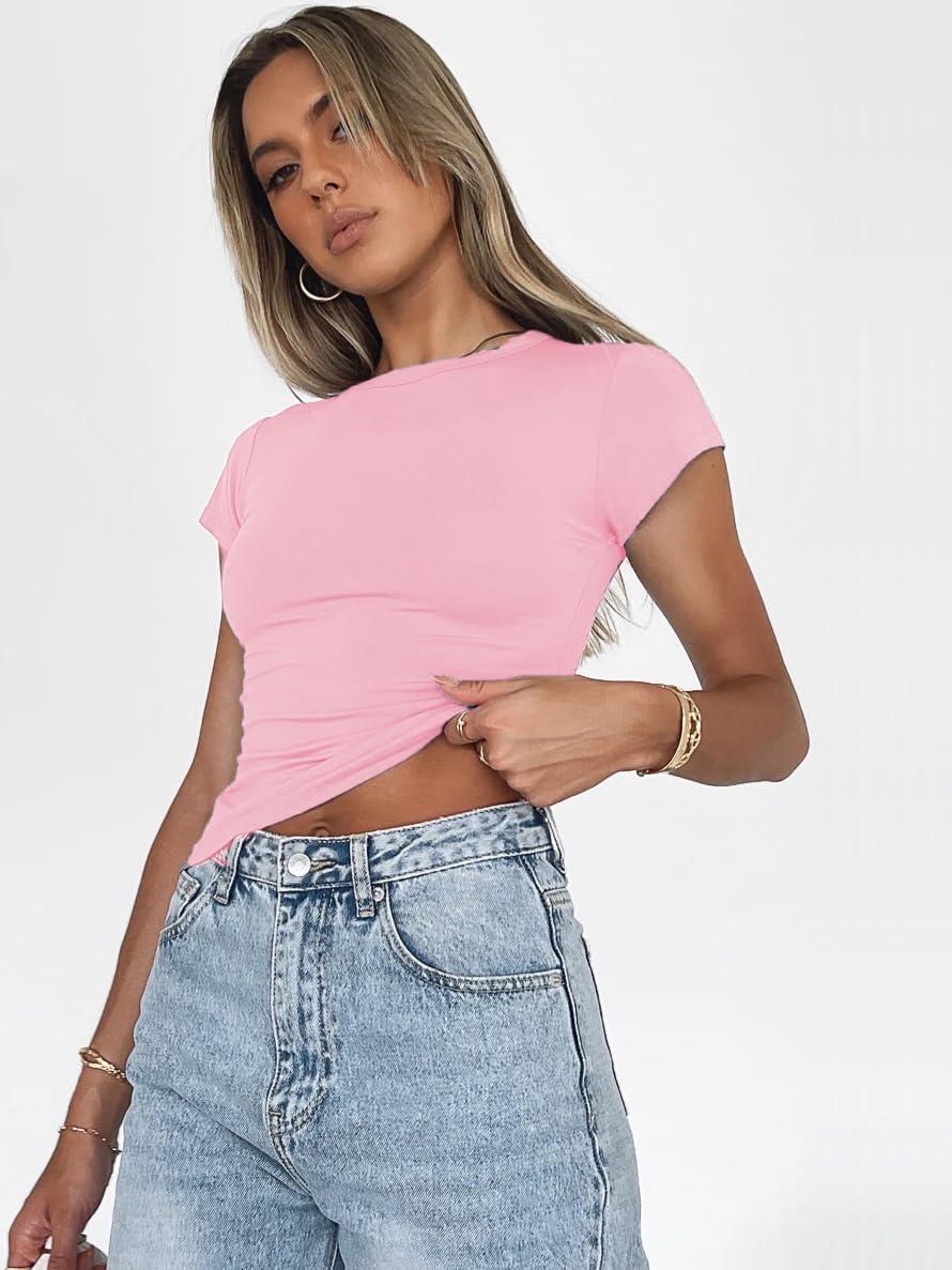 imageZeagoo Women Crewneck Slim Fitted Short Sleeve T Shirts Cute Stretchy Bodycon Basic Tee TopsShort Sleeve Pink