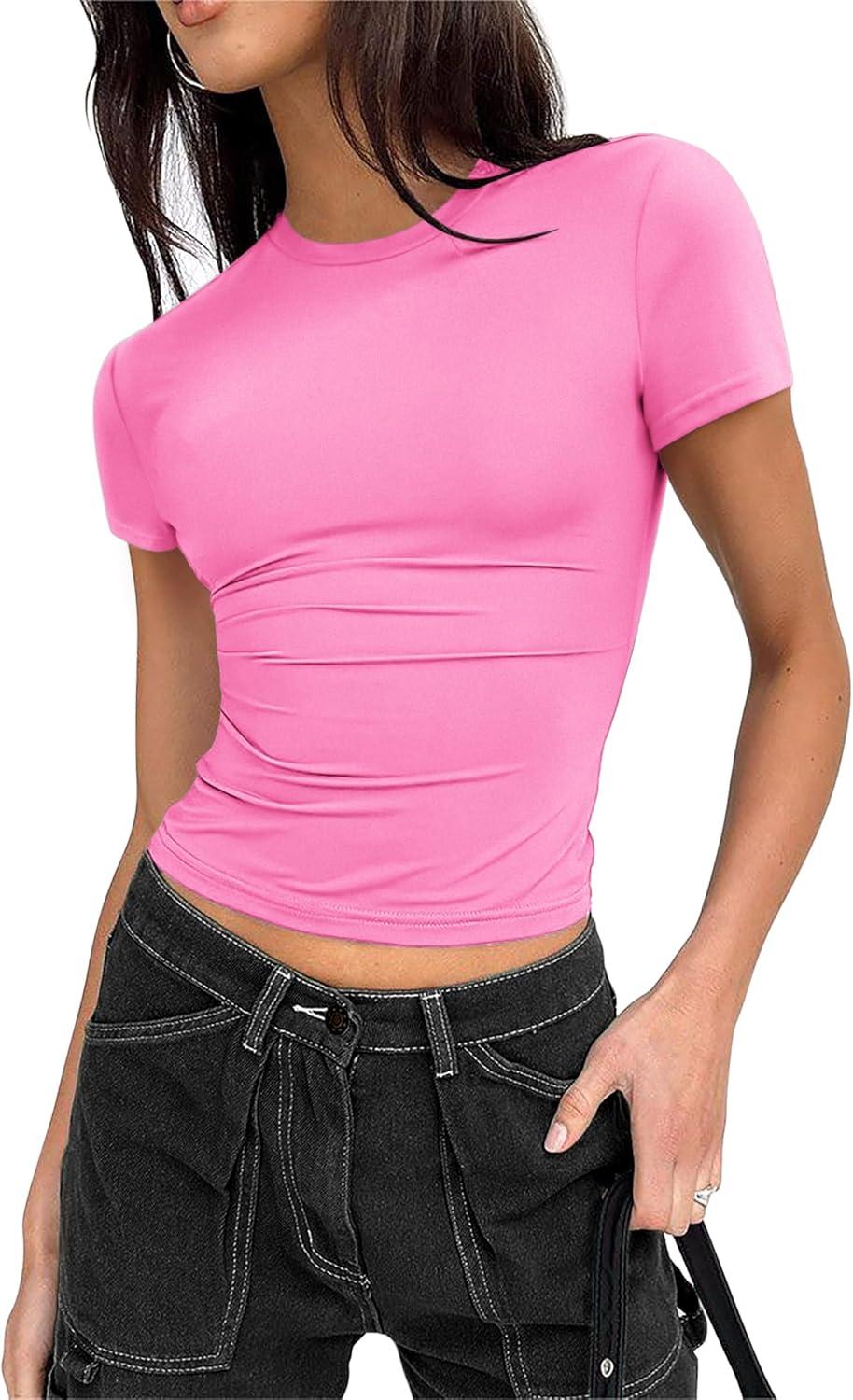 imageZeagoo Women Crewneck Slim Fitted Short Sleeve T Shirts Cute Stretchy Bodycon Basic Tee TopsShort Sleeve Rose Red