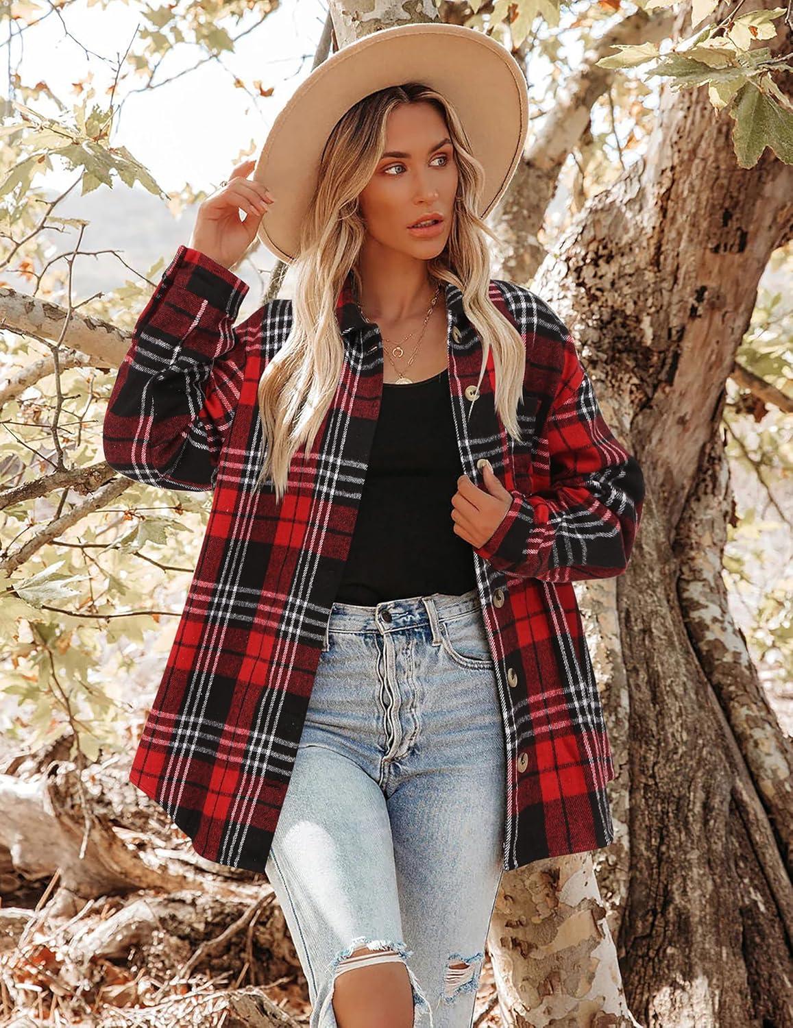 imageZeagoo Women Flannel Shacket Jacket Plaid Button Down Long Sleeve Shirt Fall Outfits 2026Black Red