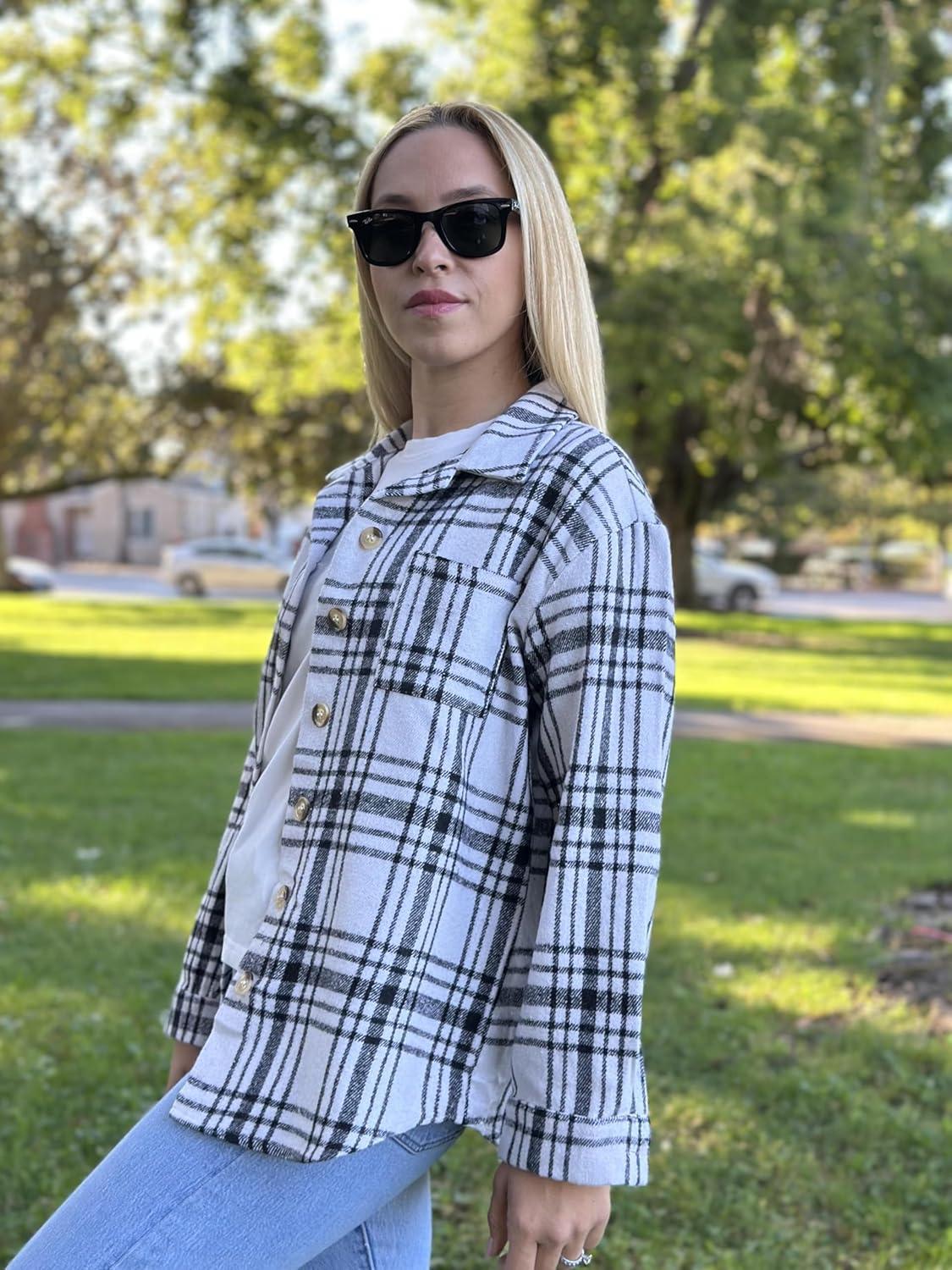imageZeagoo Women Flannel Shacket Jacket Plaid Button Down Long Sleeve Shirt Fall Outfits 2026Black White 2