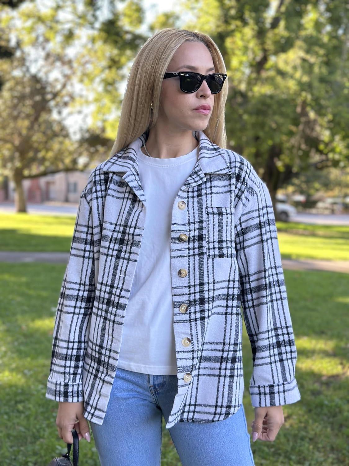 imageZeagoo Women Flannel Shacket Jacket Plaid Button Down Long Sleeve Shirt Fall Outfits 2026Black White 2