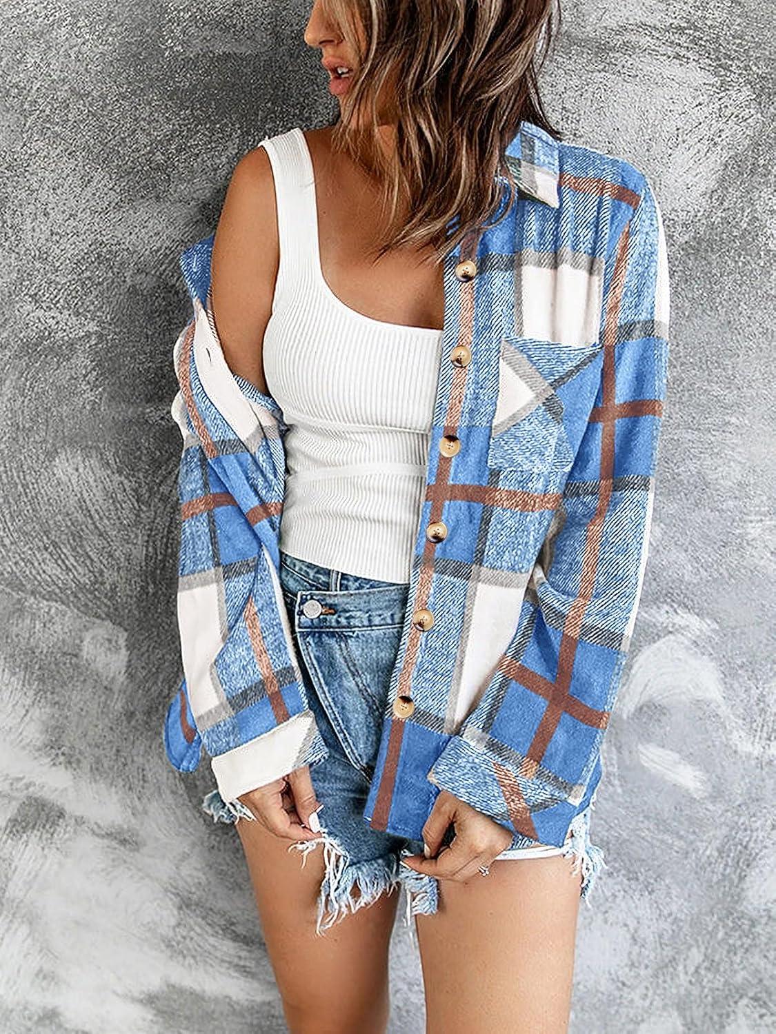 imageZeagoo Women Flannel Shacket Jacket Plaid Button Down Long Sleeve Shirt Fall Outfits 2026Blue