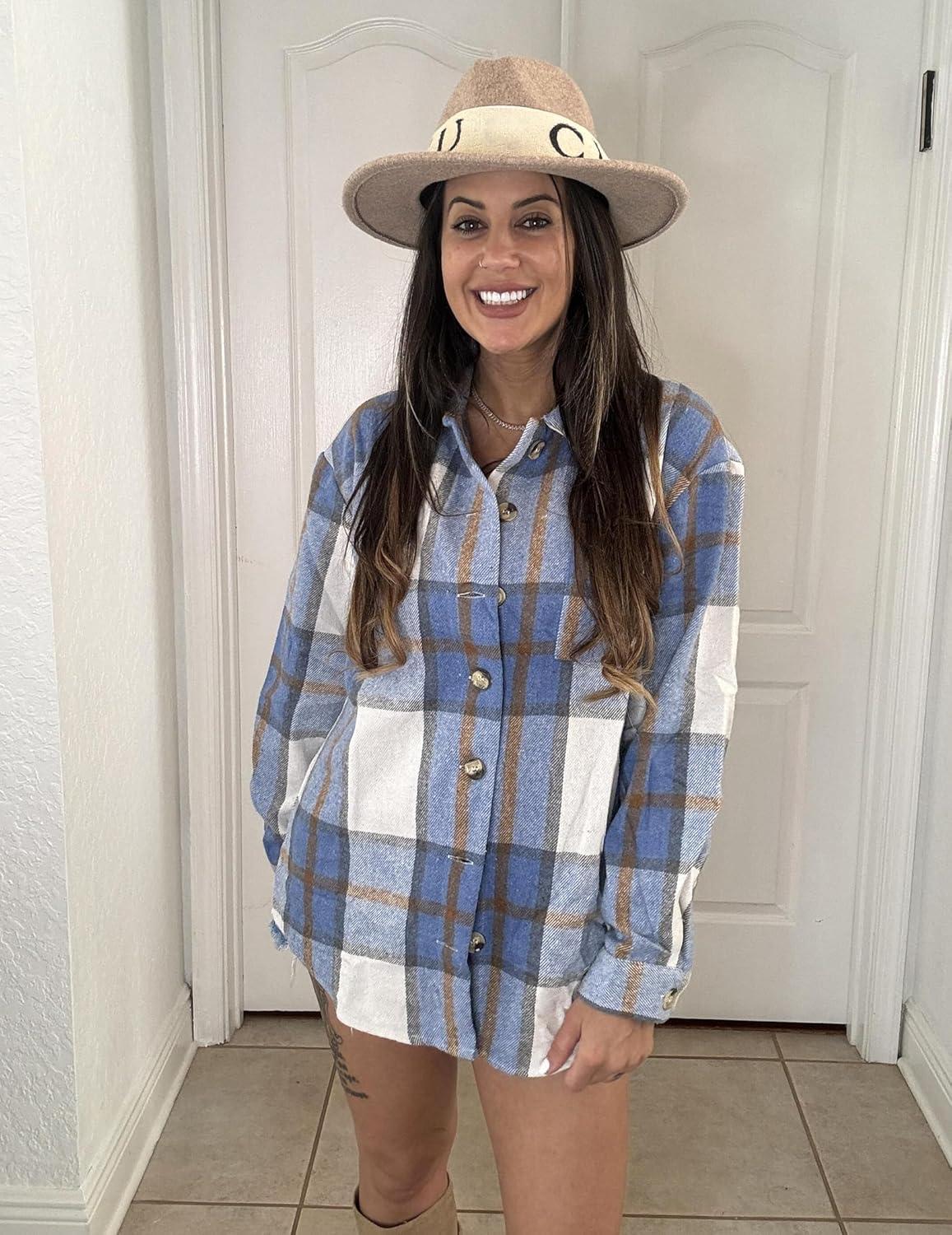 imageZeagoo Women Flannel Shacket Jacket Plaid Button Down Long Sleeve Shirt Fall Outfits 2026Blue