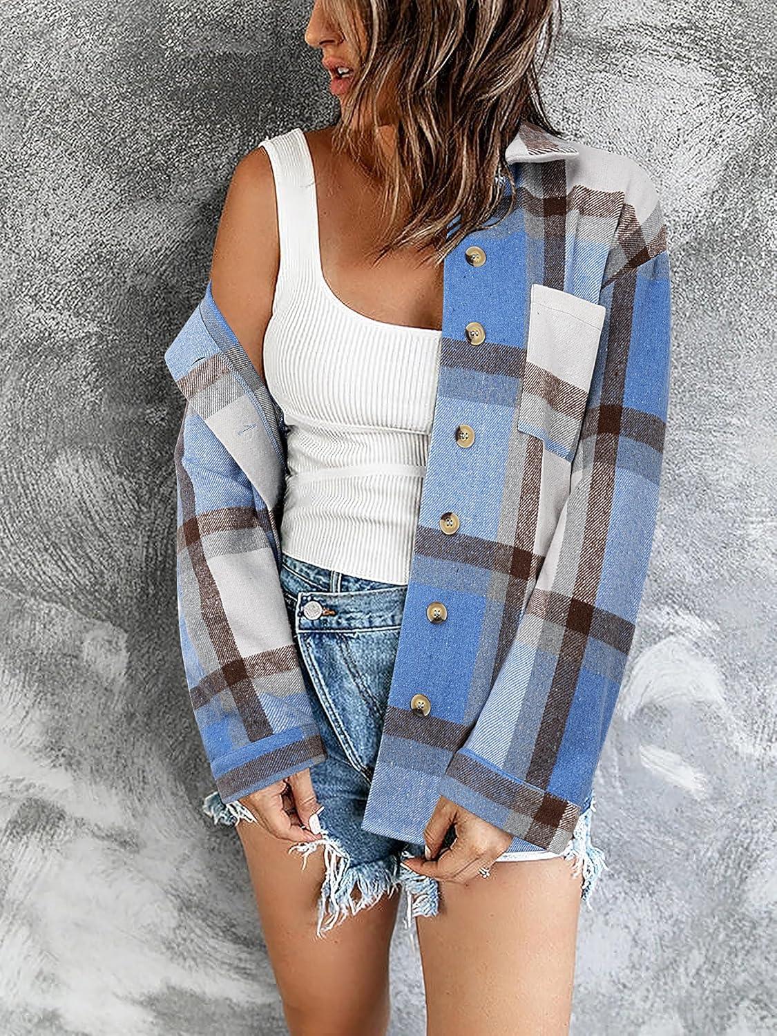 imageZeagoo Women Flannel Shacket Jacket Plaid Button Down Long Sleeve Shirt Fall Outfits 2026Blue Plaidgw354