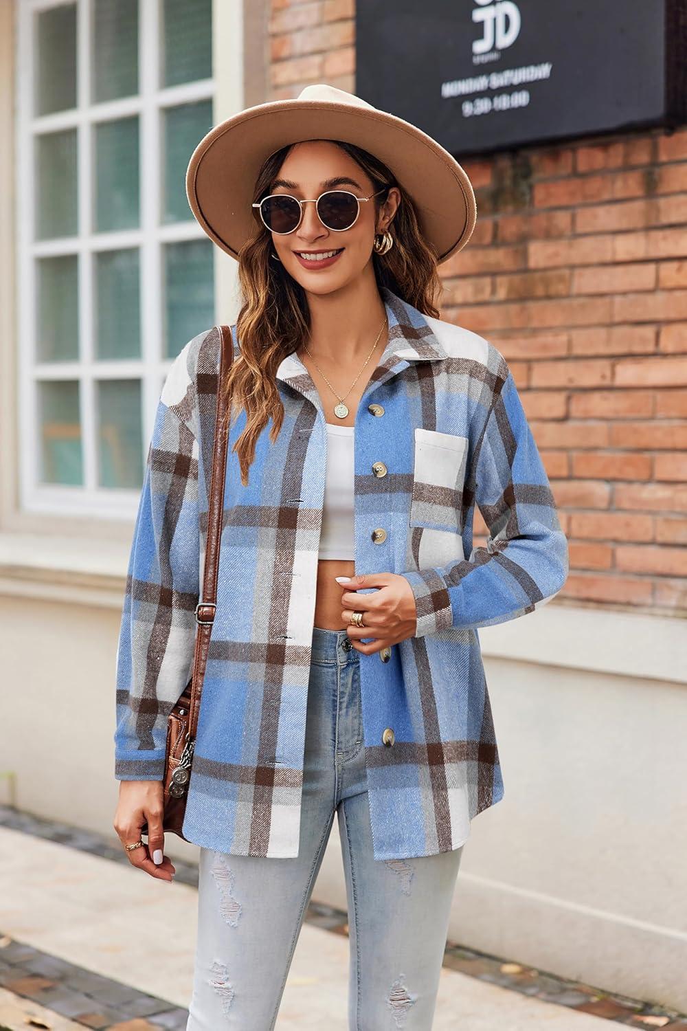 imageZeagoo Women Flannel Shacket Jacket Plaid Button Down Long Sleeve Shirt Fall Outfits 2026Blue Plaidgw354