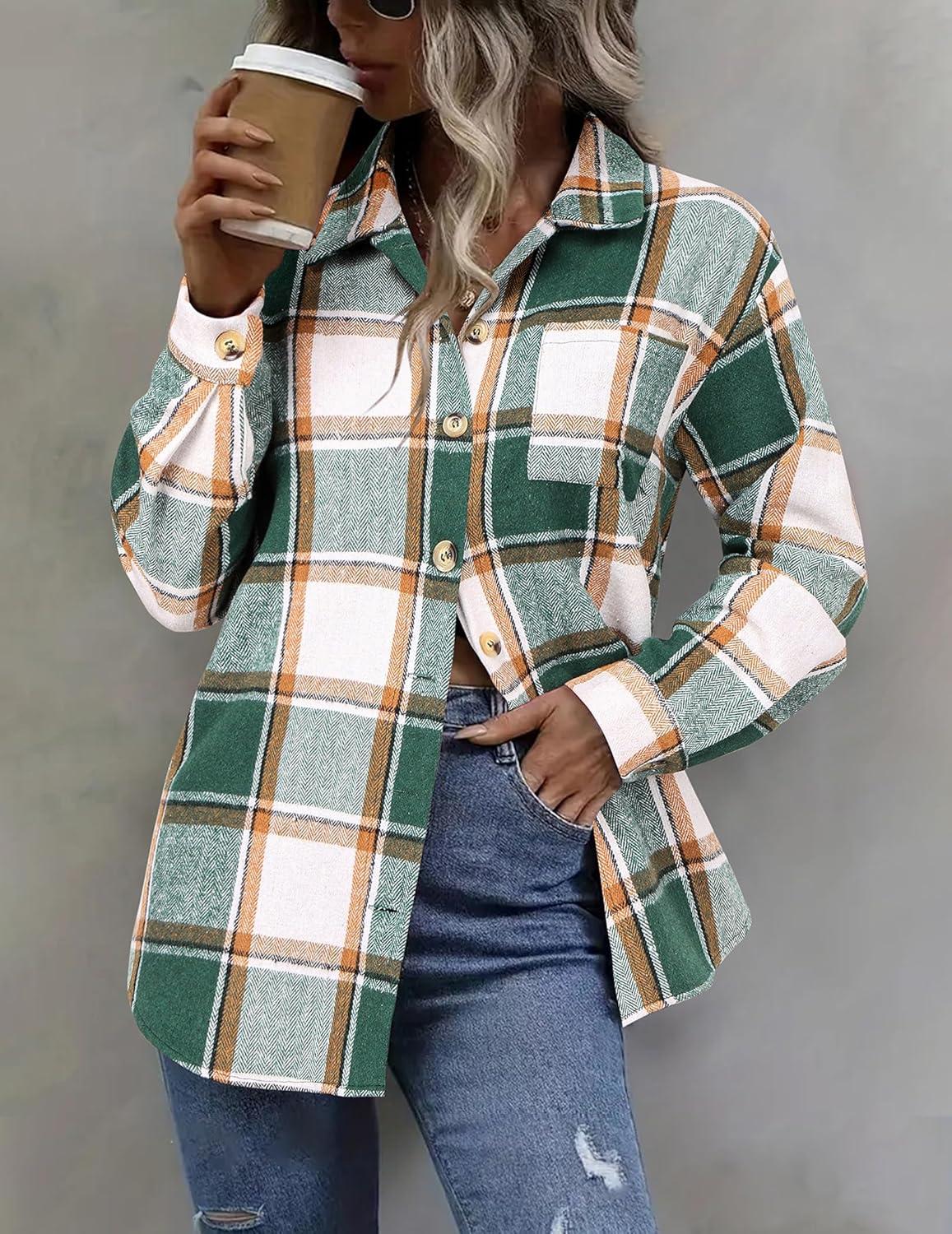 imageZeagoo Women Flannel Shacket Jacket Plaid Button Down Long Sleeve Shirt Fall Outfits 2026Dark Green