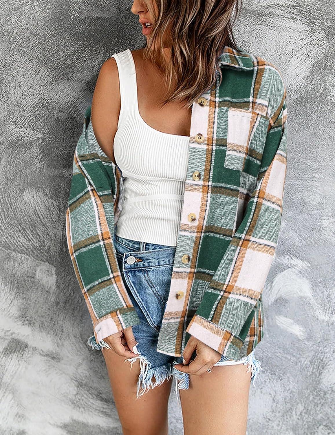 imageZeagoo Women Flannel Shacket Jacket Plaid Button Down Long Sleeve Shirt Fall Outfits 2026Dark Green