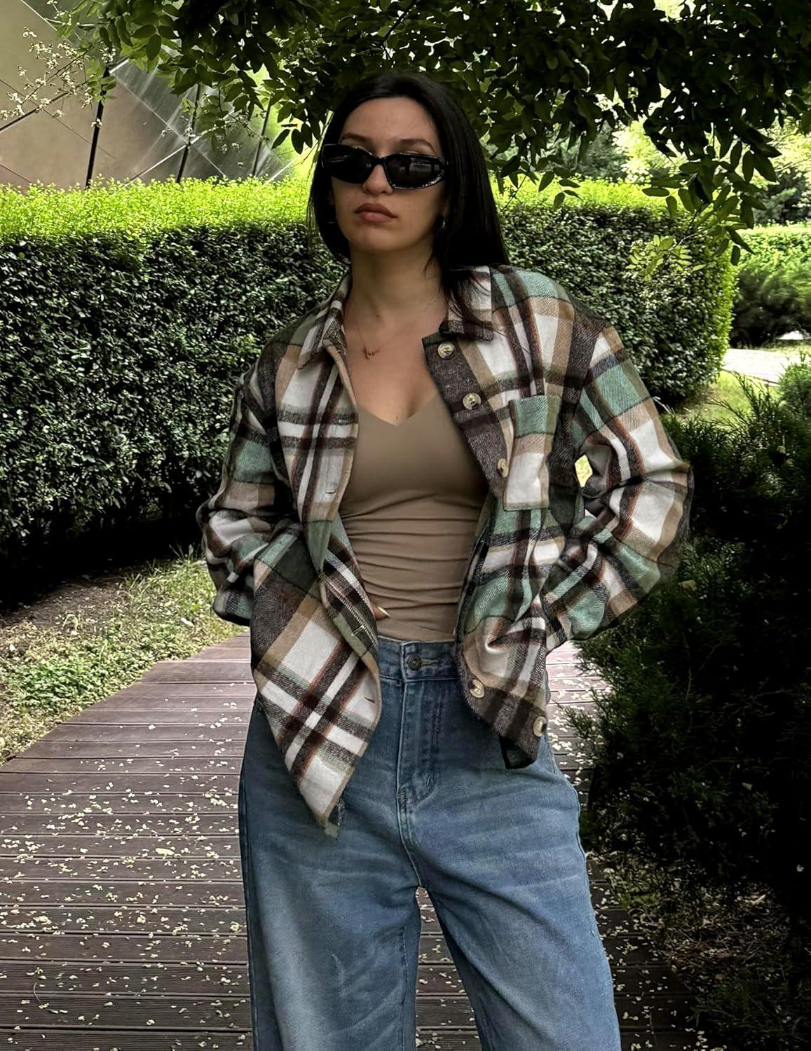 imageZeagoo Women Flannel Shacket Jacket Plaid Button Down Long Sleeve Shirt Fall Outfits 2026Green