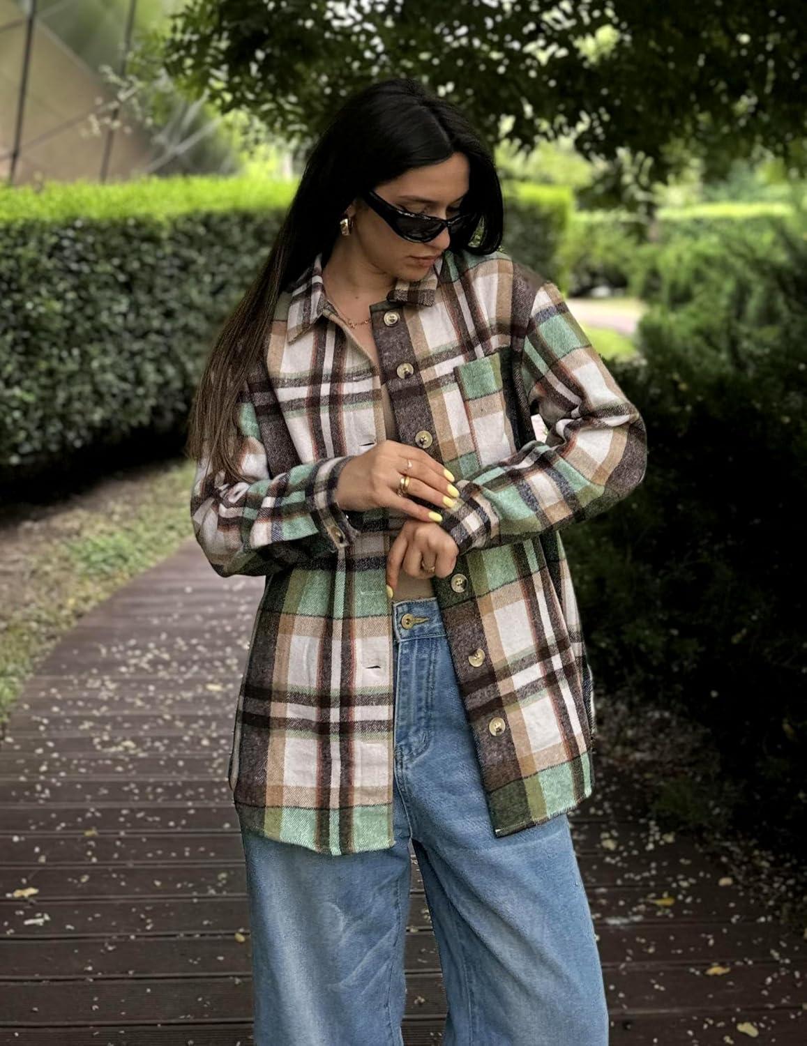 imageZeagoo Women Flannel Shacket Jacket Plaid Button Down Long Sleeve Shirt Fall Outfits 2026Green