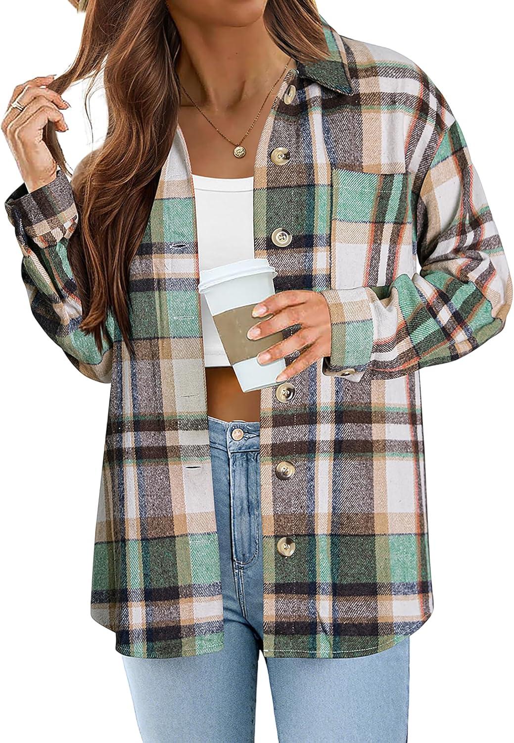 imageZeagoo Women Flannel Shacket Jacket Plaid Button Down Long Sleeve Shirt Fall Outfits 2026Green