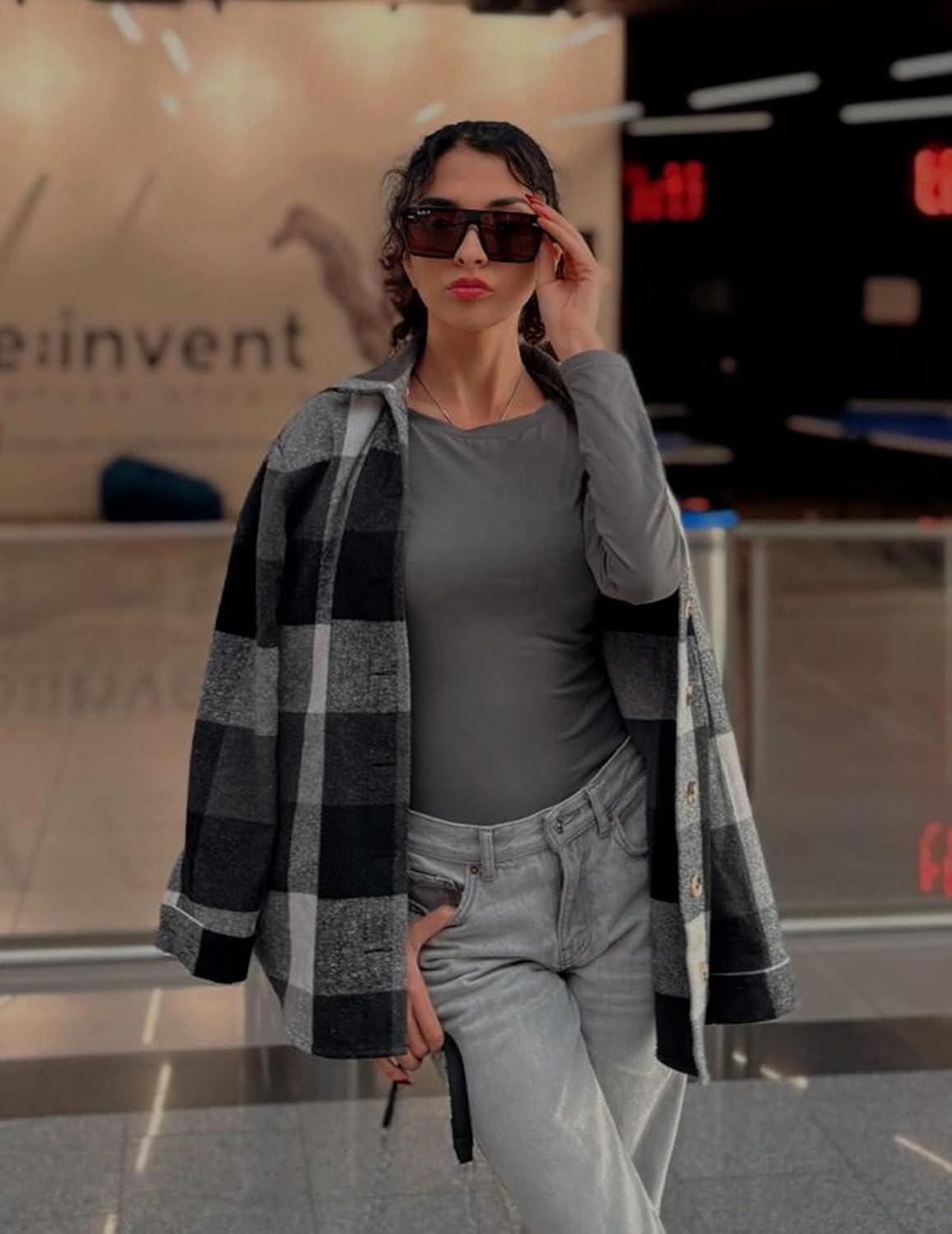 imageZeagoo Women Flannel Shacket Jacket Plaid Button Down Long Sleeve Shirt Fall Outfits 2026Grey Black