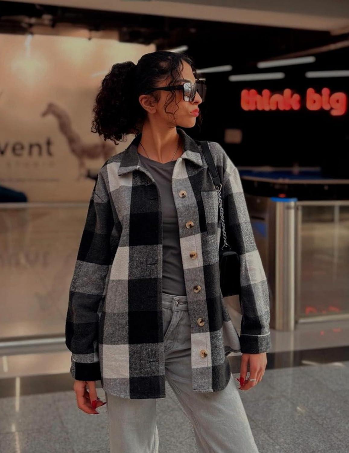 imageZeagoo Women Flannel Shacket Jacket Plaid Button Down Long Sleeve Shirt Fall Outfits 2026Grey Black