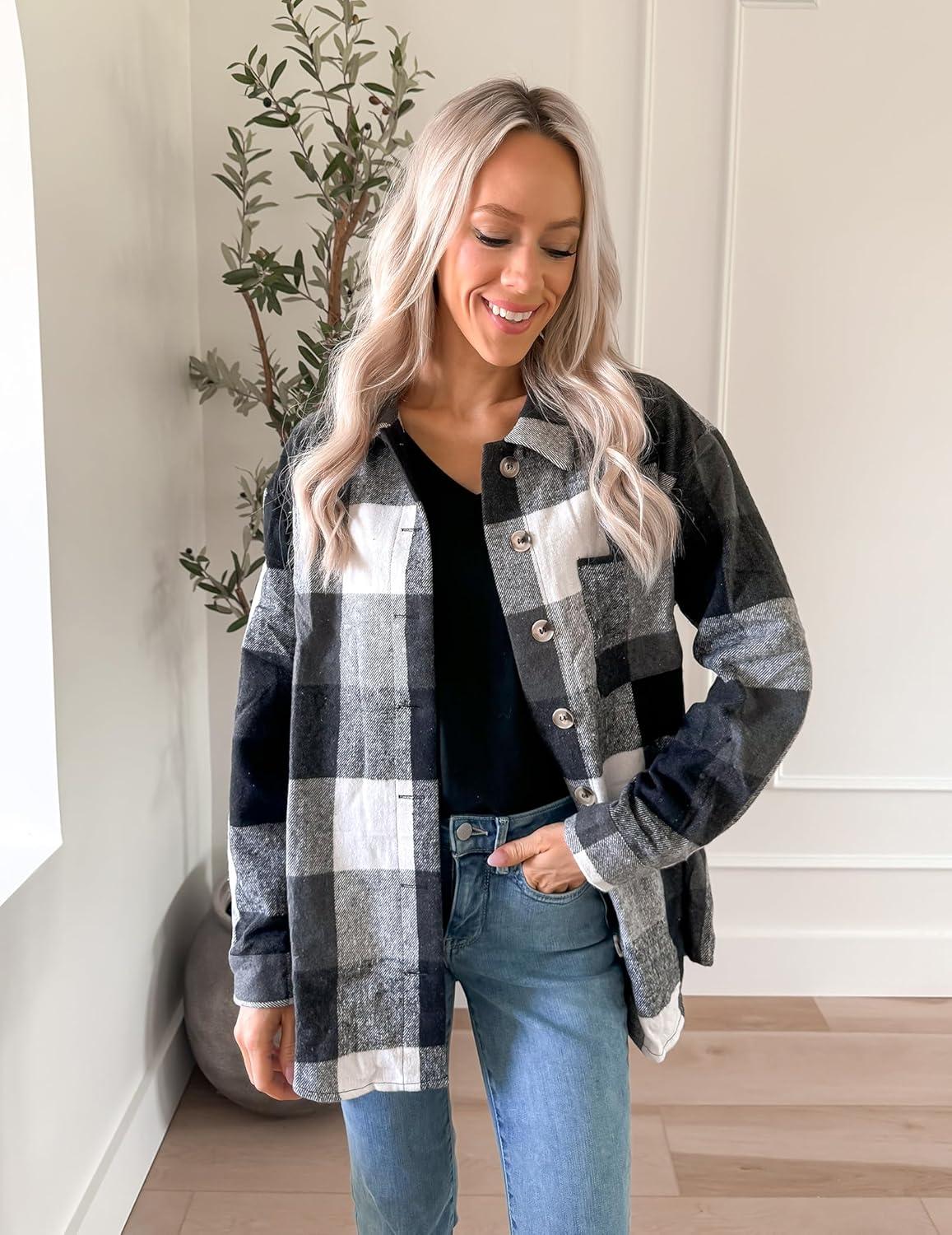 imageZeagoo Women Flannel Shacket Jacket Plaid Button Down Long Sleeve Shirt Fall Outfits 2026Grey Black