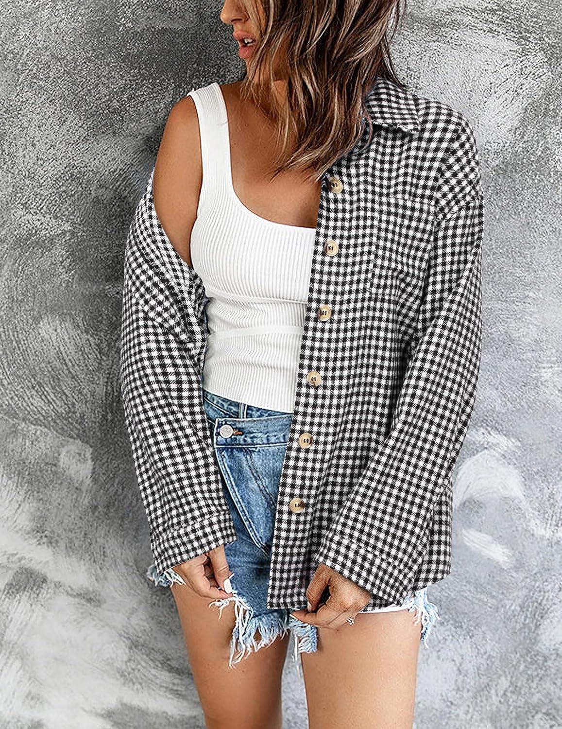imageZeagoo Women Flannel Shacket Jacket Plaid Button Down Long Sleeve Shirt Fall Outfits 2026Houndstooth 1