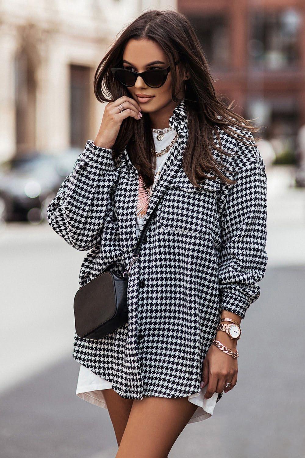 imageZeagoo Women Flannel Shacket Jacket Plaid Button Down Long Sleeve Shirt Fall Outfits 2026Houndstooth 1