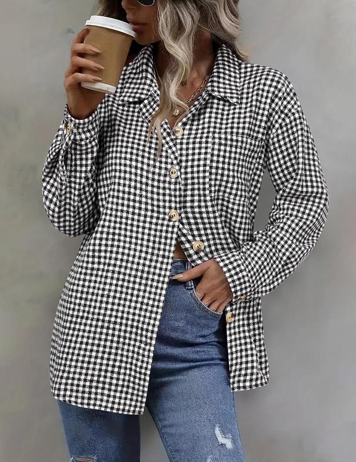 imageZeagoo Women Flannel Shacket Jacket Plaid Button Down Long Sleeve Shirt Fall Outfits 2026Houndstooth 1