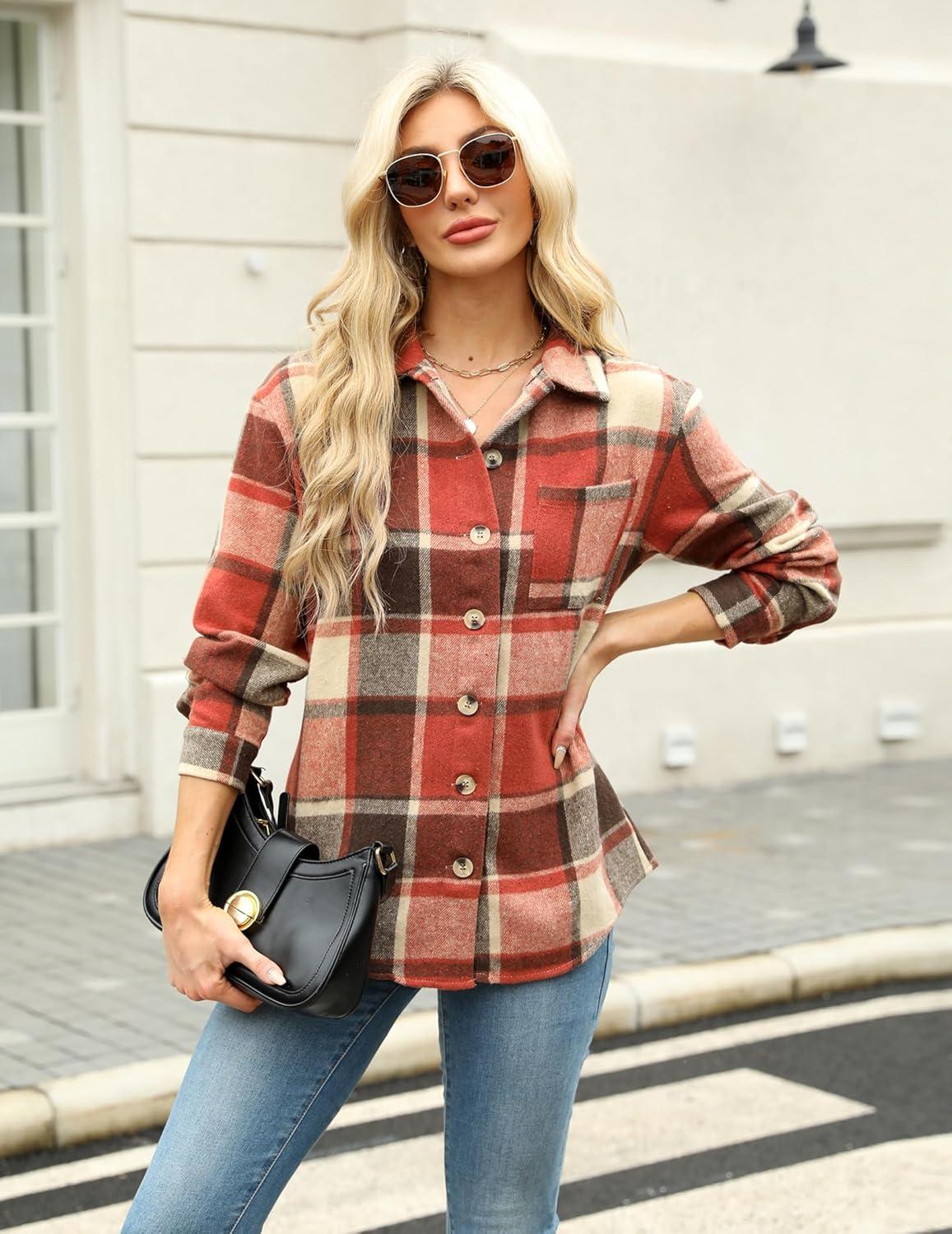 imageZeagoo Women Flannel Shacket Jacket Plaid Button Down Long Sleeve Shirt Fall Outfits 2026Orange
