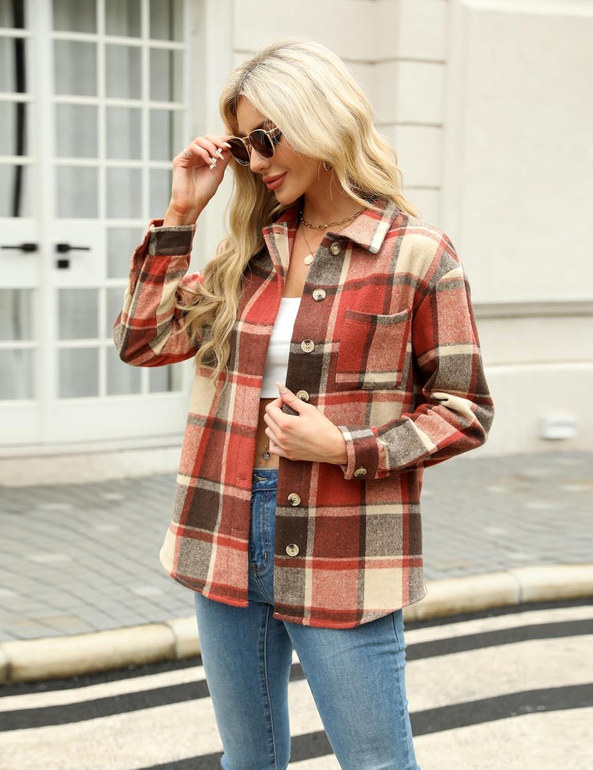 imageZeagoo Women Flannel Shacket Jacket Plaid Button Down Long Sleeve Shirt Fall Outfits 2026Orange