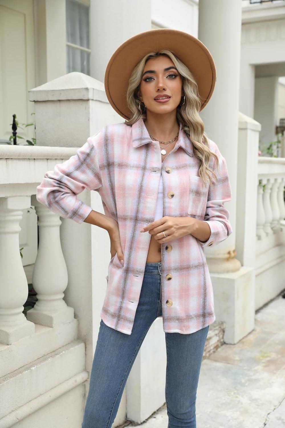 imageZeagoo Women Flannel Shacket Jacket Plaid Button Down Long Sleeve Shirt Fall Outfits 2026Pink