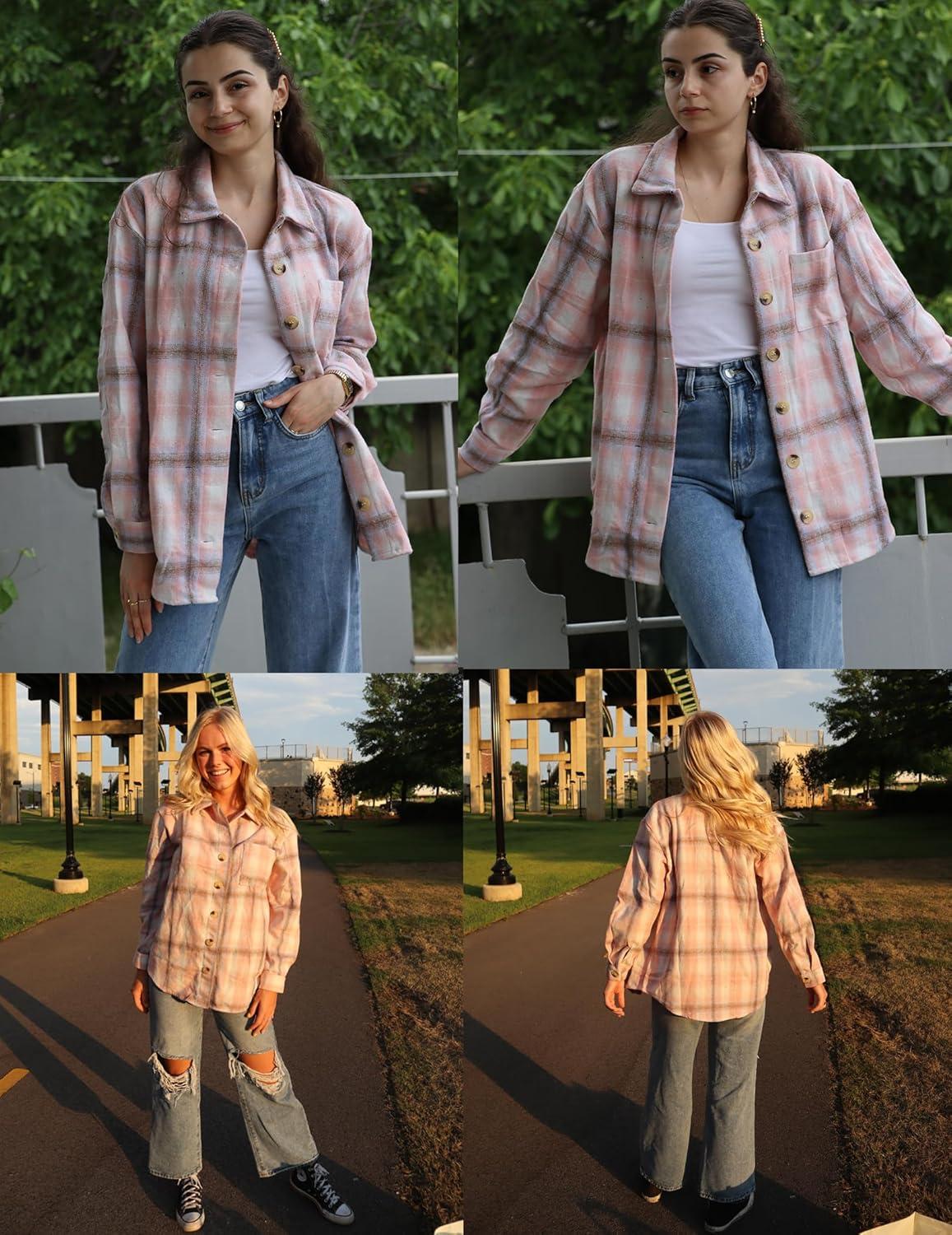 imageZeagoo Women Flannel Shacket Jacket Plaid Button Down Long Sleeve Shirt Fall Outfits 2026Pink